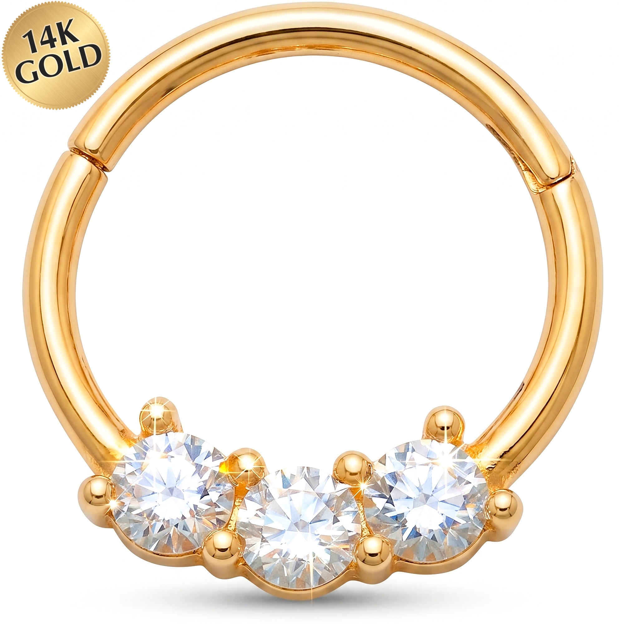18G 9mm Solid 14k Yellow Gold CZ Triple Brilliance Hinged Segment Clicker Ring