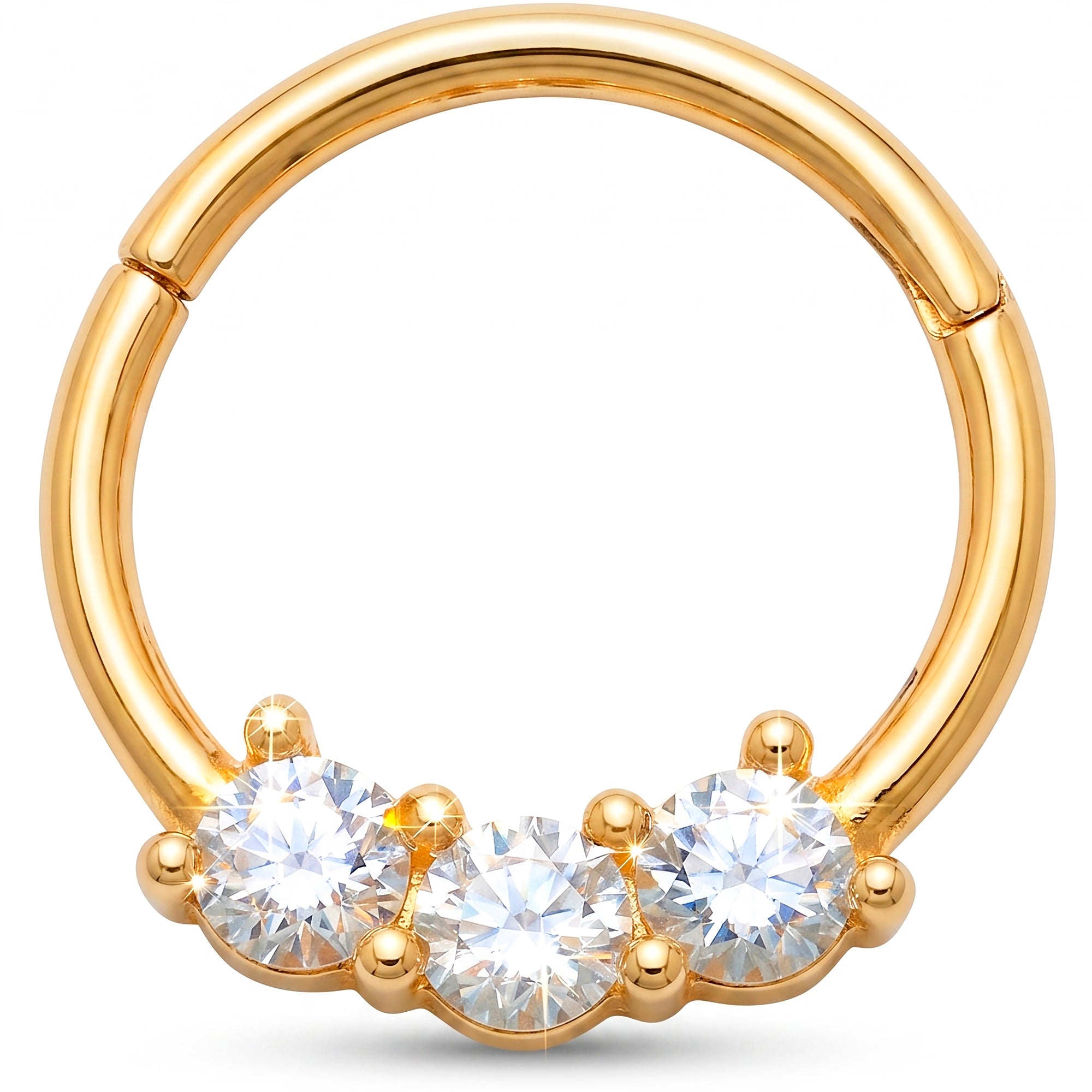 18G 9mm Solid 14k Yellow Gold CZ Triple Brilliance Hinged Segment Clicker Ring