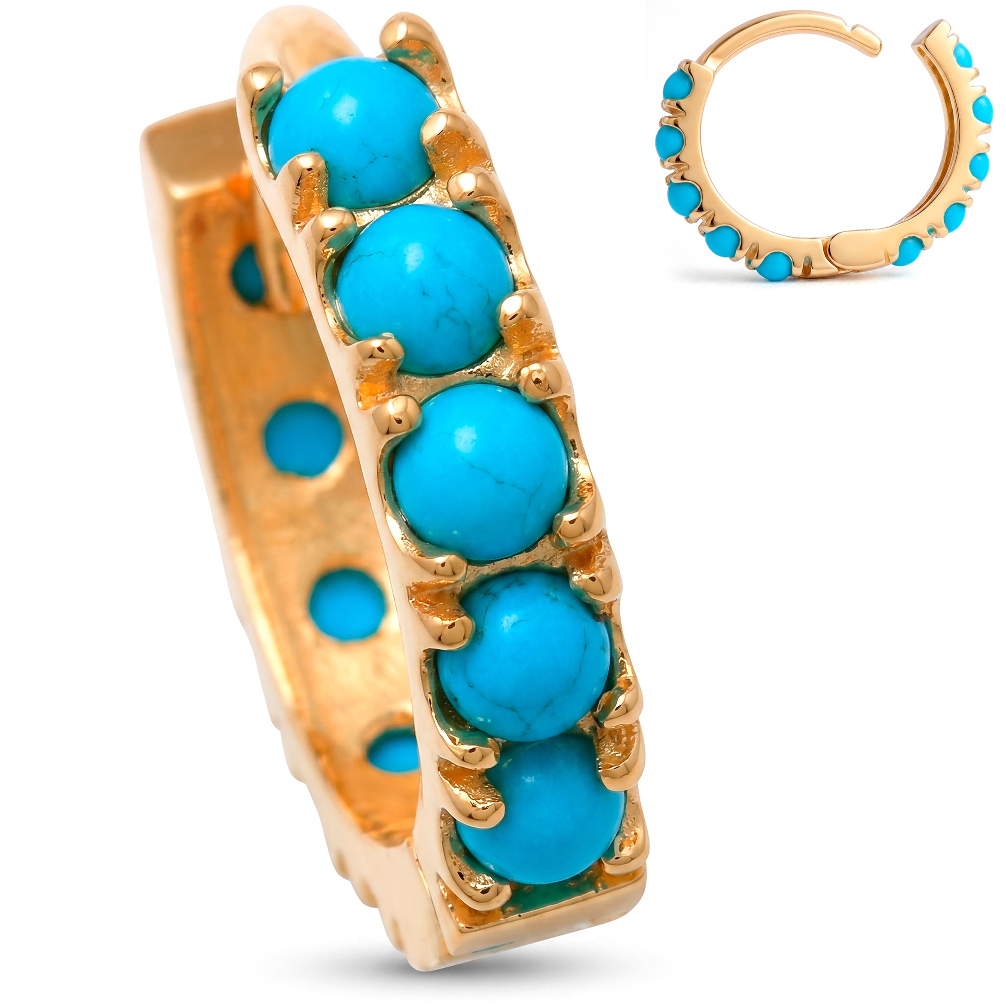 16G 9mm Solid 14k Yellow Gold Turquoise Treasure Hinged Segment Clicker Ring