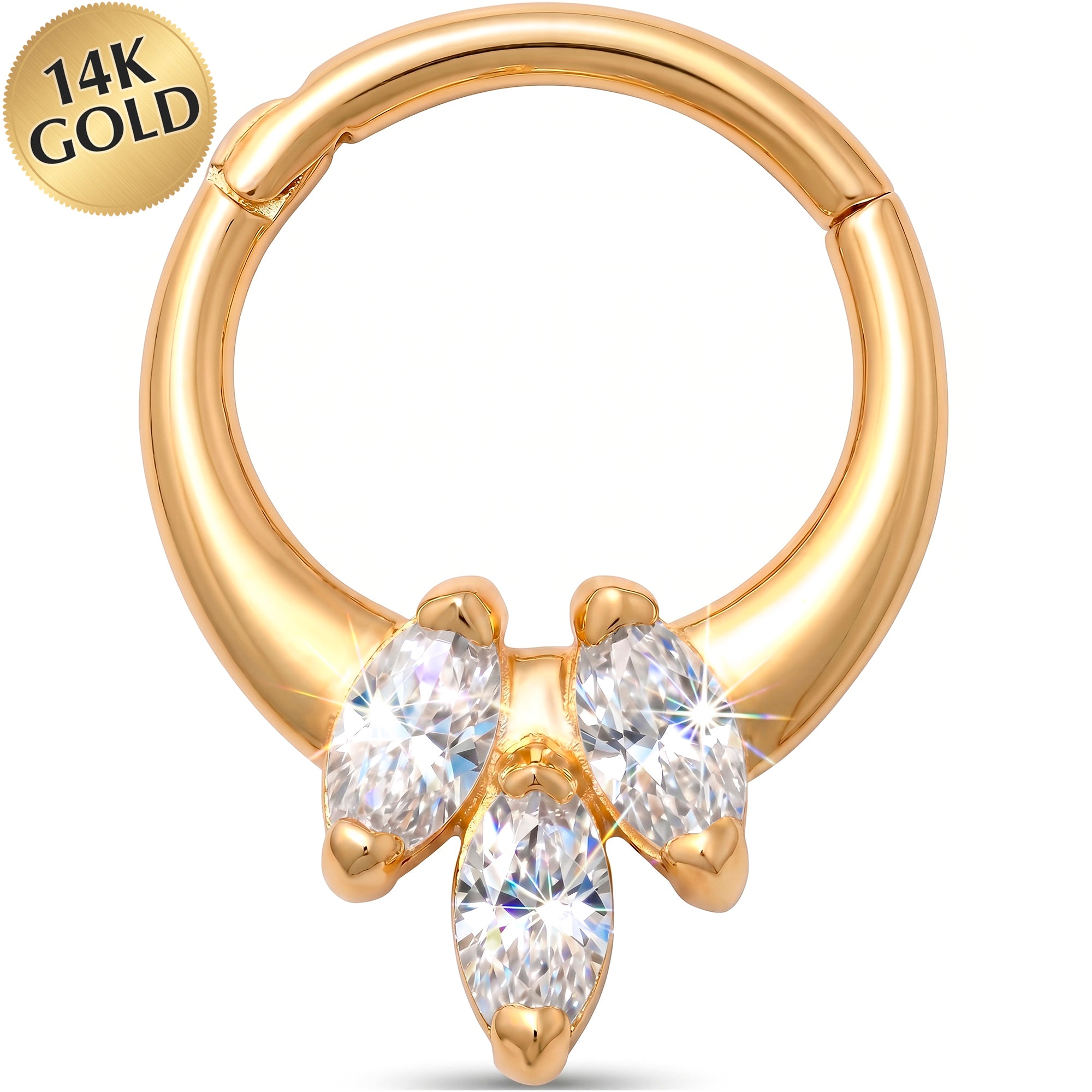 18G 5/16 Solid 14k Yellow Gold CZ Marquise Trinity Hinged Segment Clicker Ring