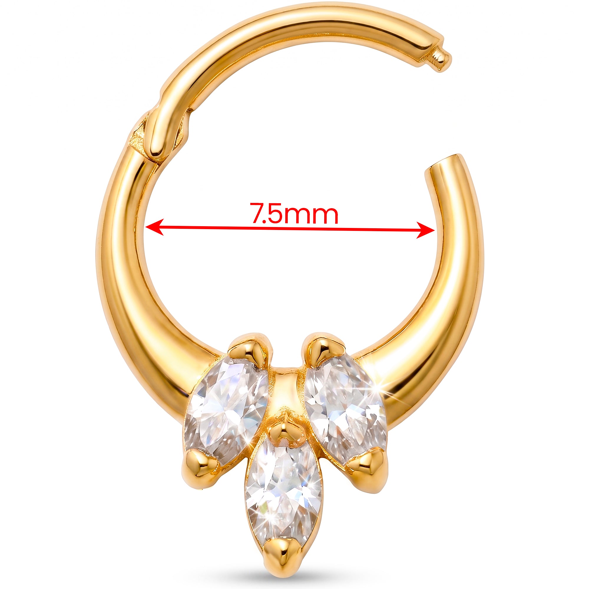 18G 5/16 Solid 14k Yellow Gold CZ Marquise Trinity Hinged Segment Clicker Ring