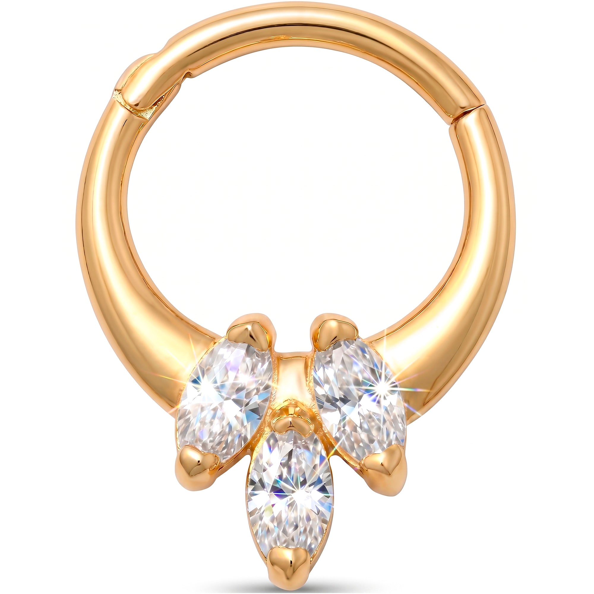 18G 5/16 Solid 14k Yellow Gold CZ Marquise Trinity Hinged Segment Clicker Ring