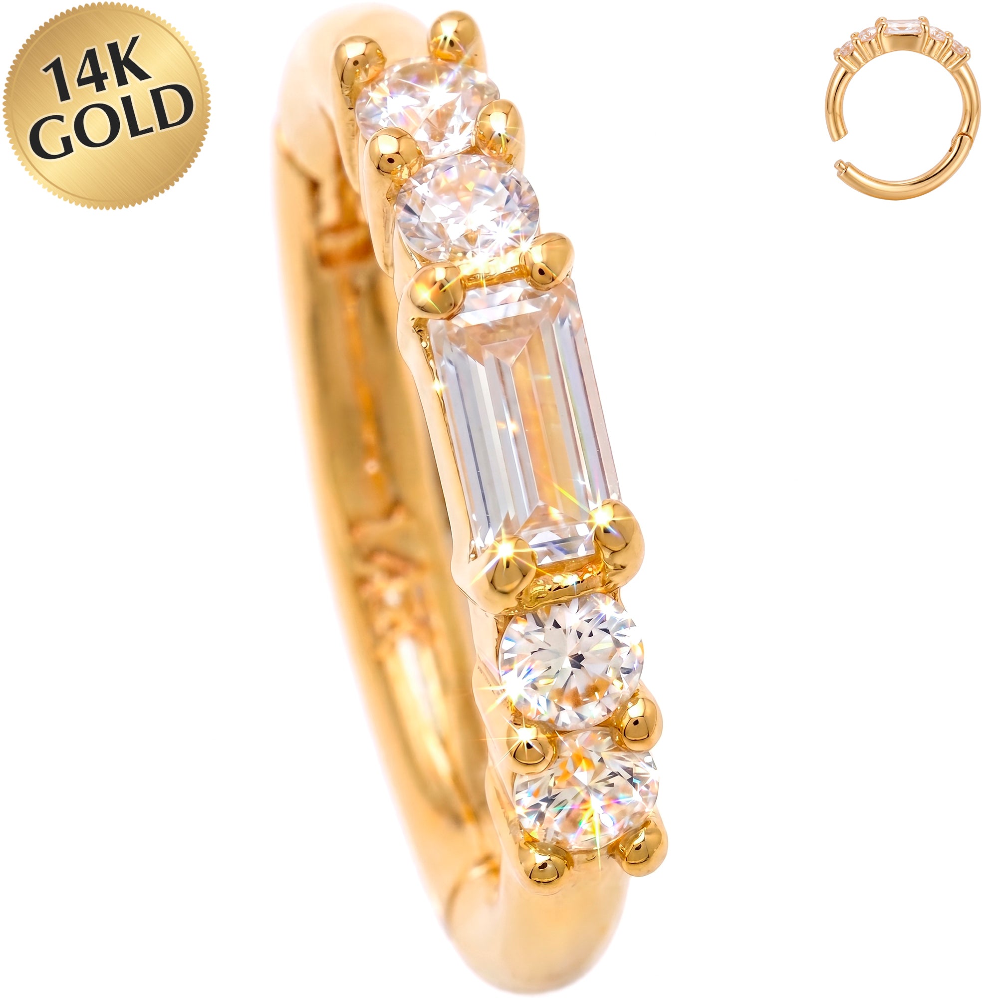 16G 5/16 Solid 14k Yellow Gold CZ Emerald Elegance Hinged Segment Clicker Ring