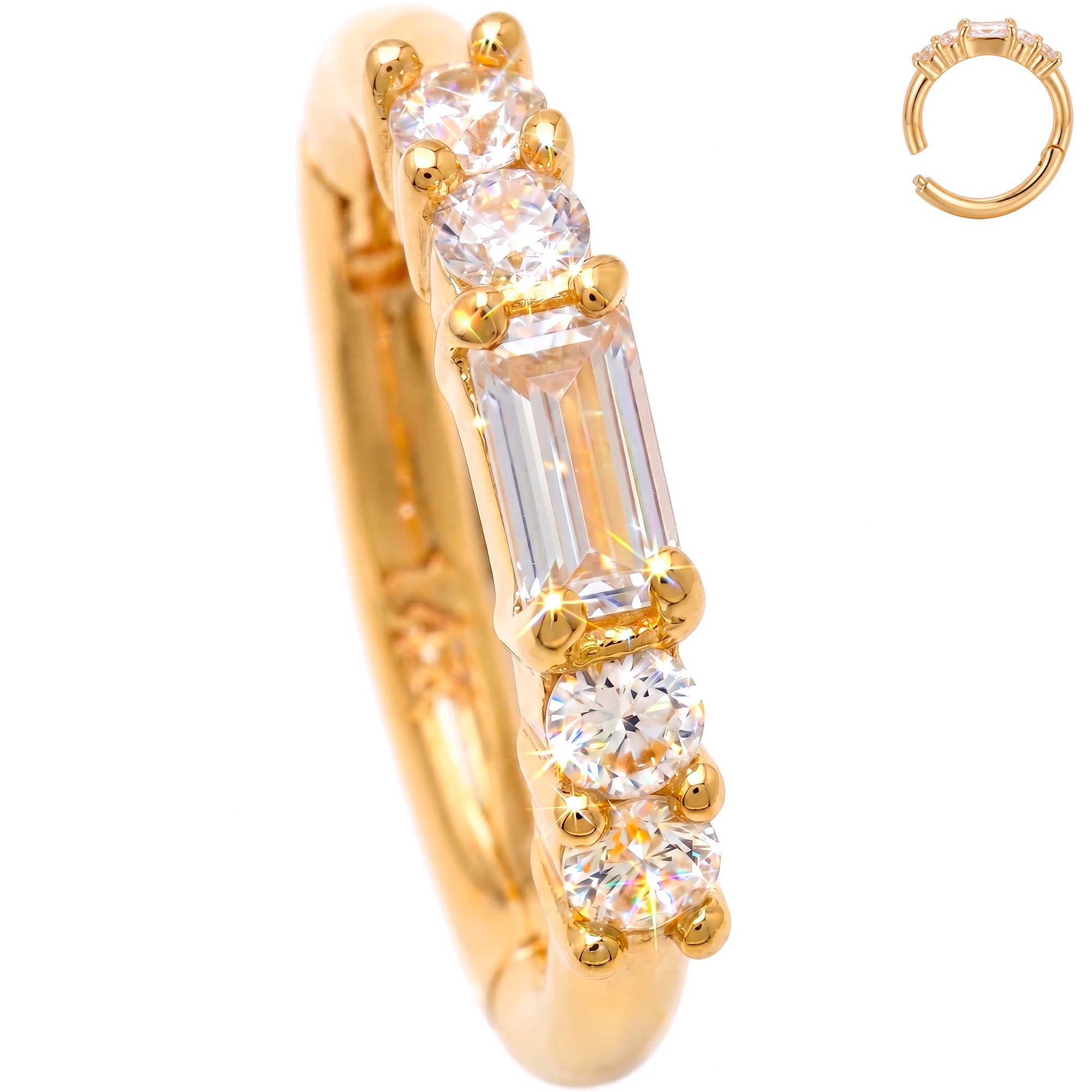 16G 5/16 Solid 14k Yellow Gold CZ Emerald Elegance Hinged Segment Clicker Ring