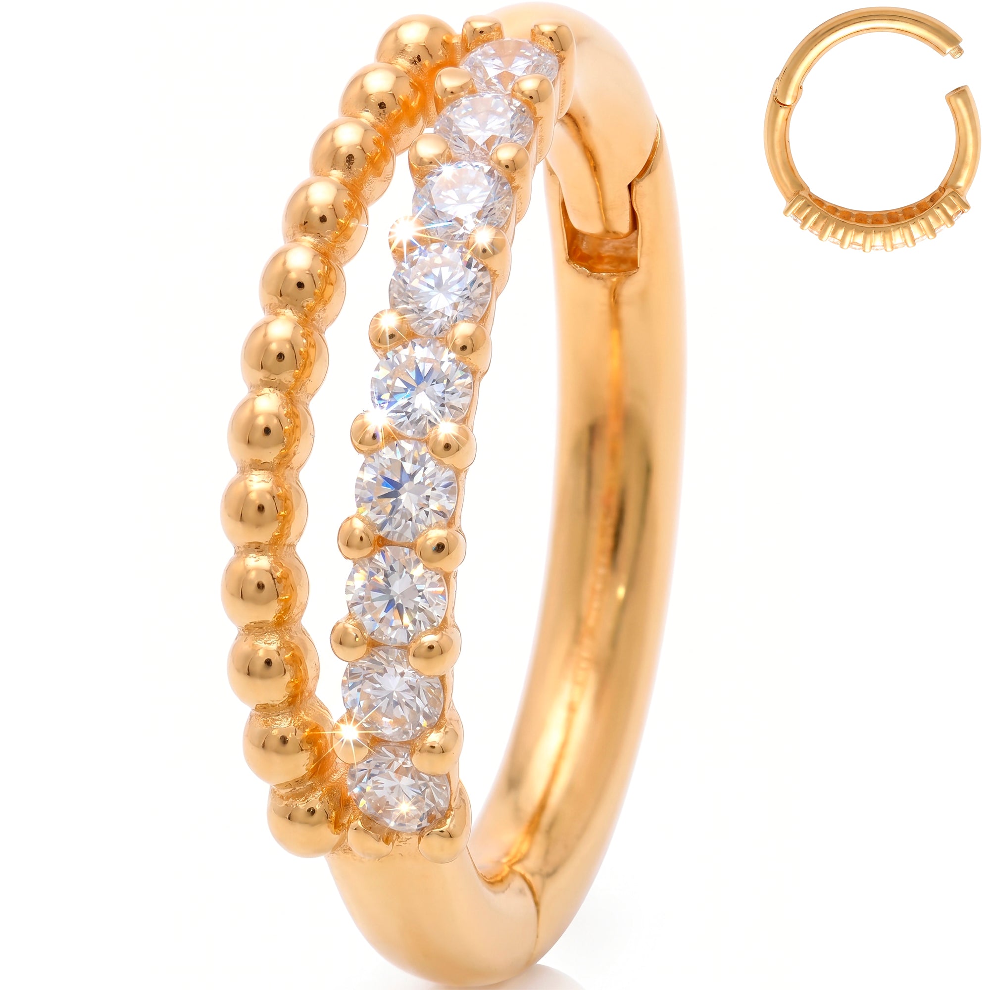 16G 5/16 Solid 14k Yellow Gold CZ Beaded Brilliance Hinged Segment Clicker Ring