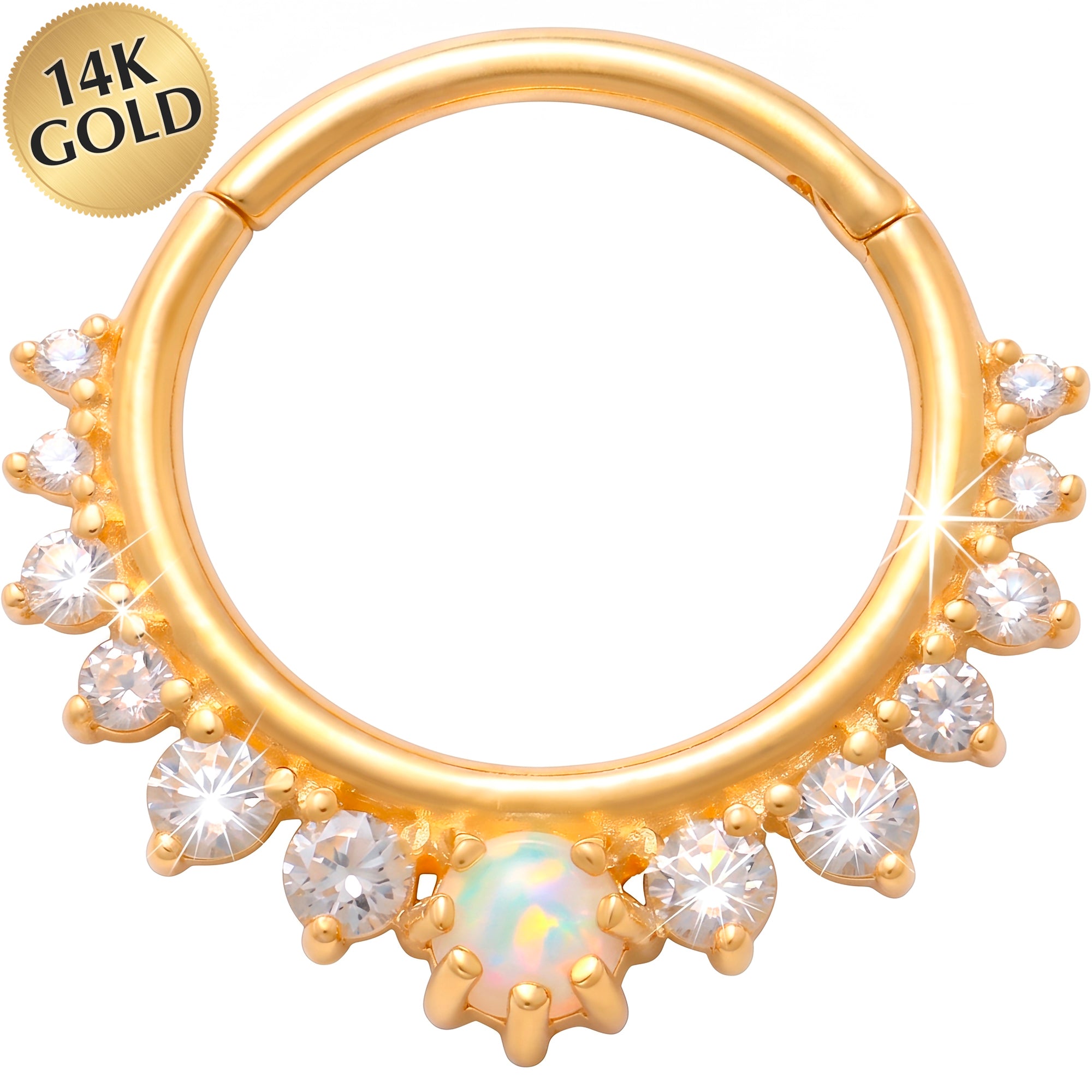 16G 7/16 Solid 14k Yellow Gold CZ Opal Celestial Crown Hinged Segment Clicker Ring