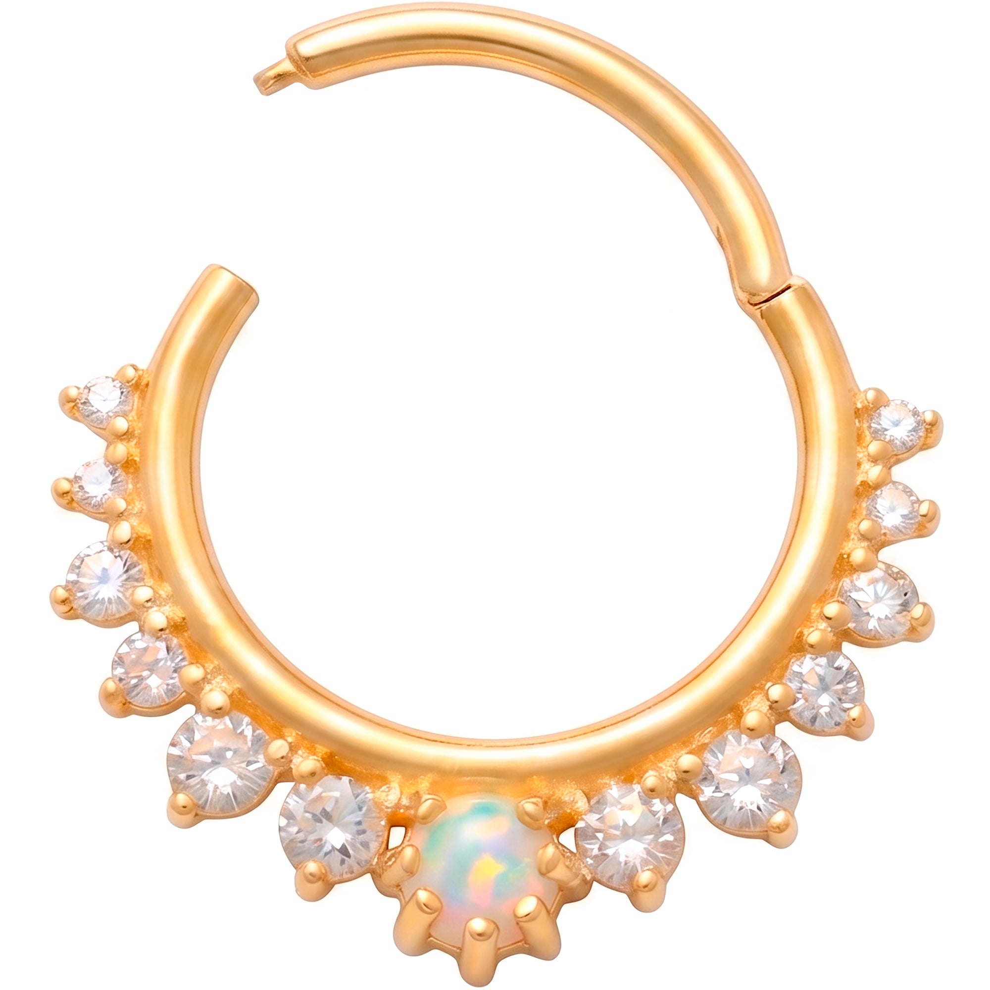 16G 7/16 Solid 14k Yellow Gold CZ Opal Celestial Crown Hinged Segment Clicker Ring