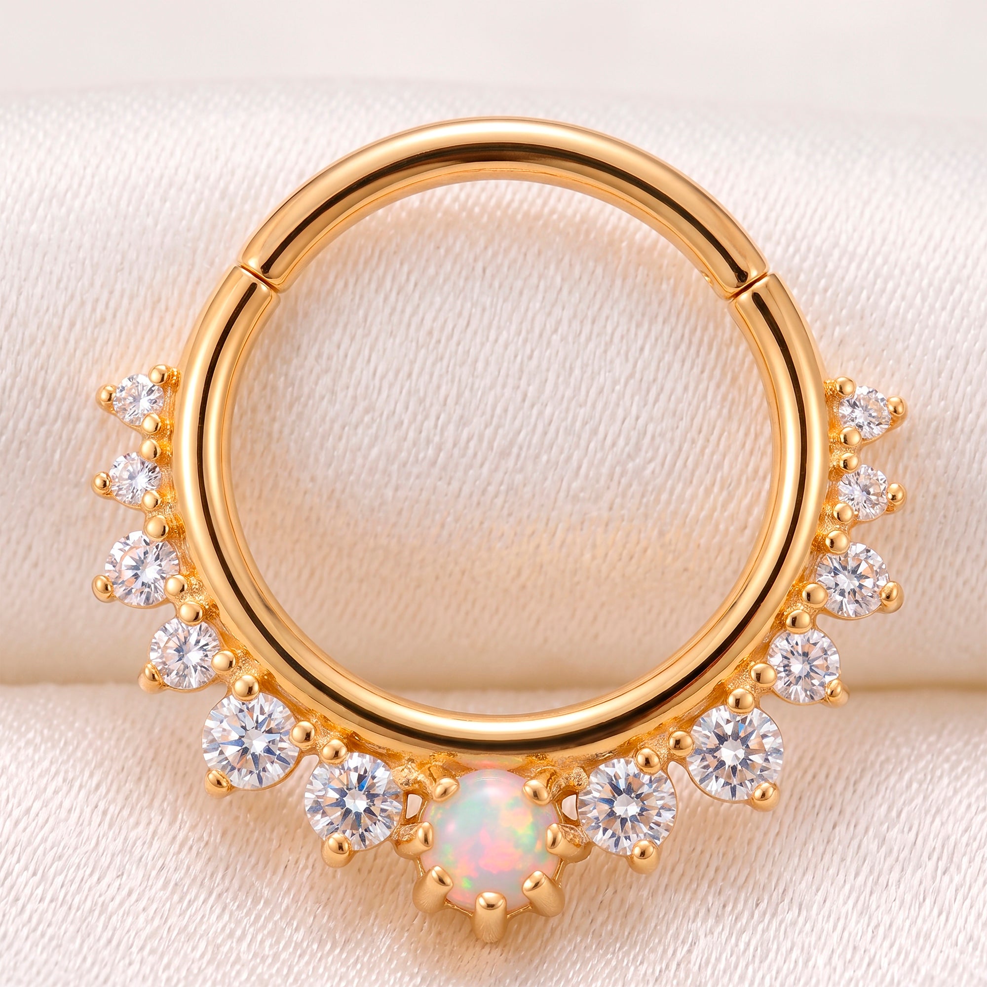 16G 7/16 Solid 14k Yellow Gold CZ Opal Celestial Crown Hinged Segment Clicker Ring