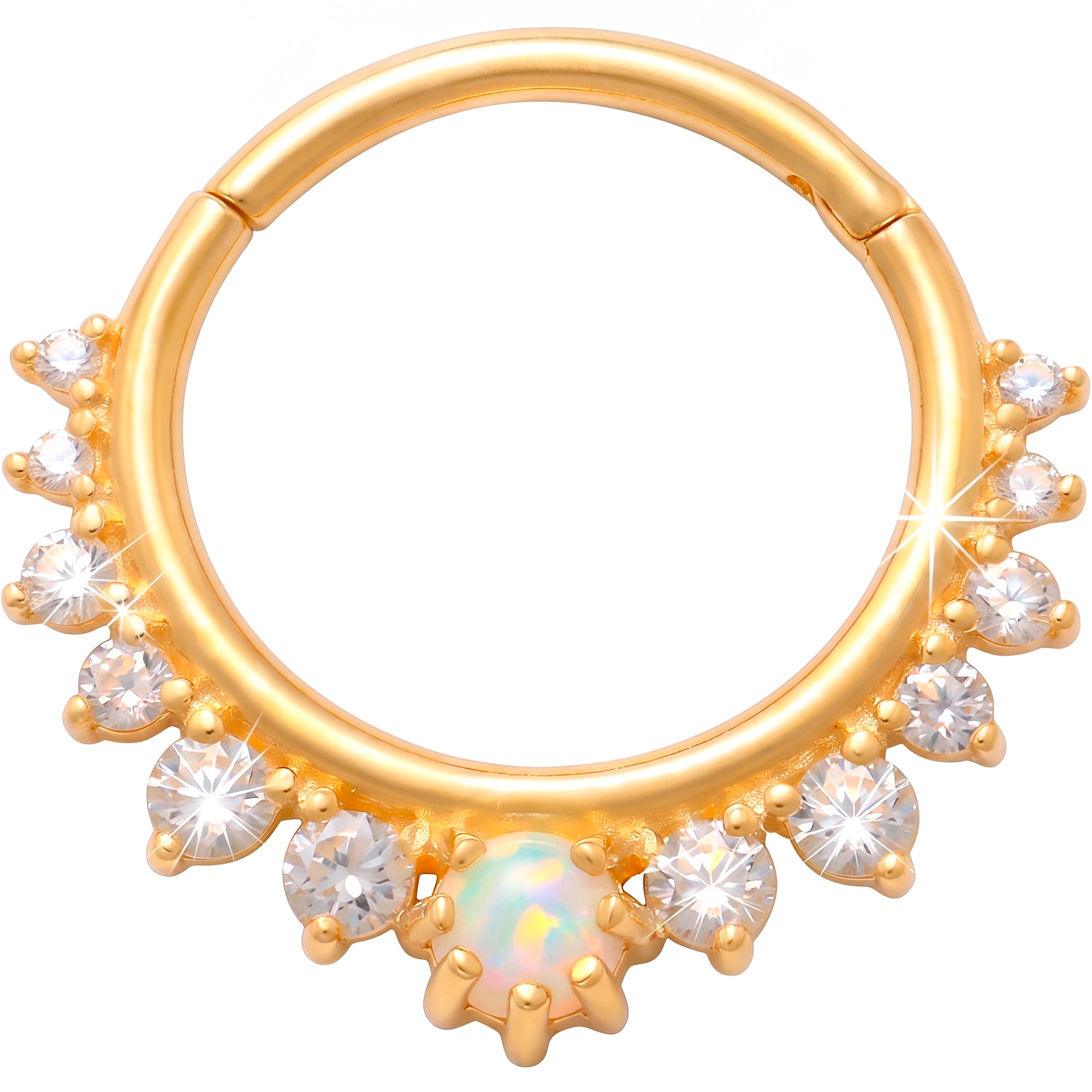 16G 7/16 Solid 14k Yellow Gold CZ Opal Celestial Crown Hinged Segment Clicker Ring