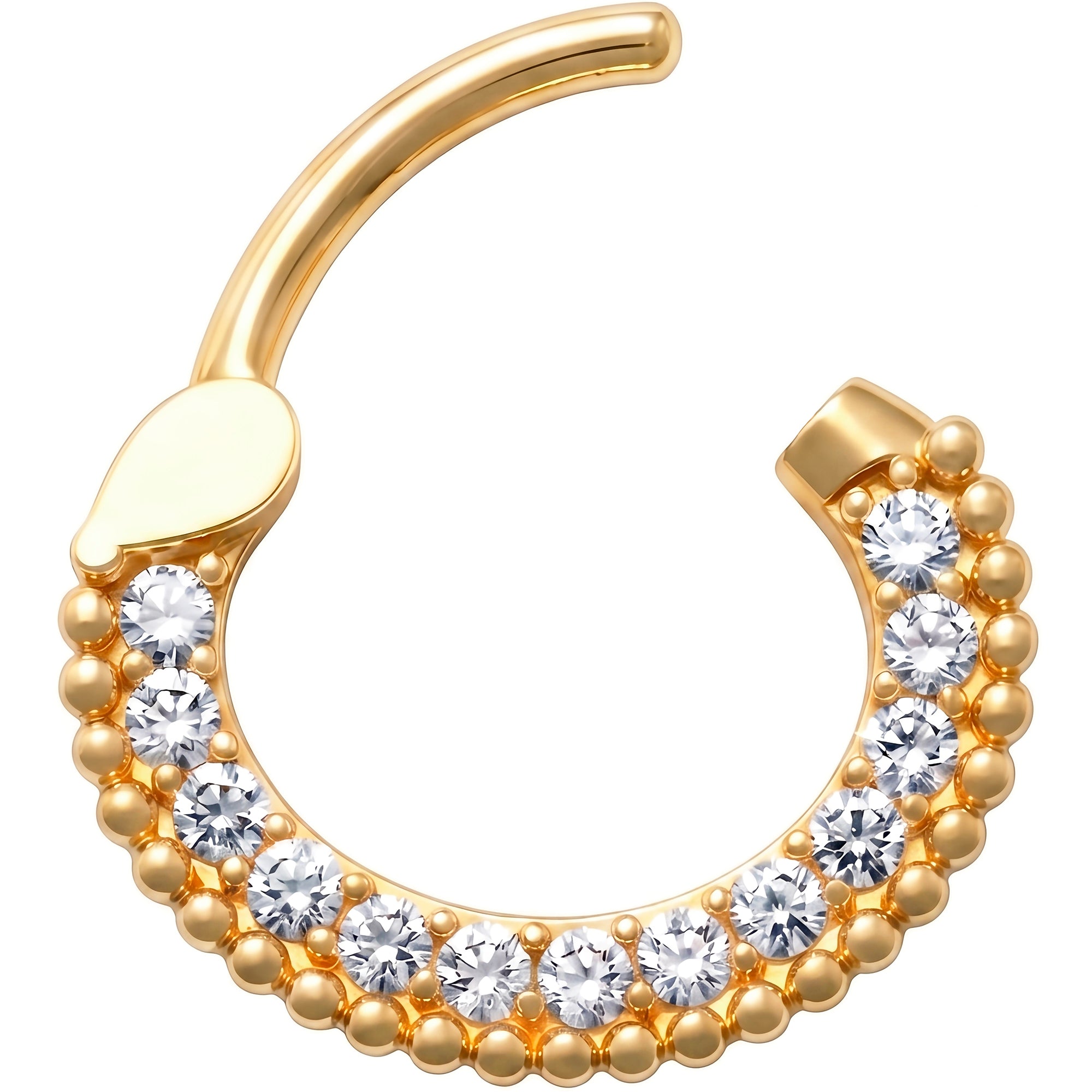 16G 3/8 Solid 14k Yellow Gold CZ Golden Beaded Halo Hinged Segment Clicker Ring