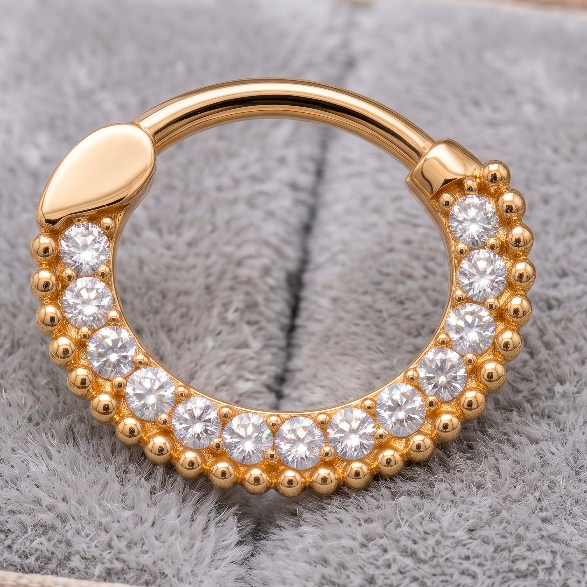 16G 3/8 Solid 14k Yellow Gold CZ Golden Beaded Halo Hinged Segment Clicker Ring