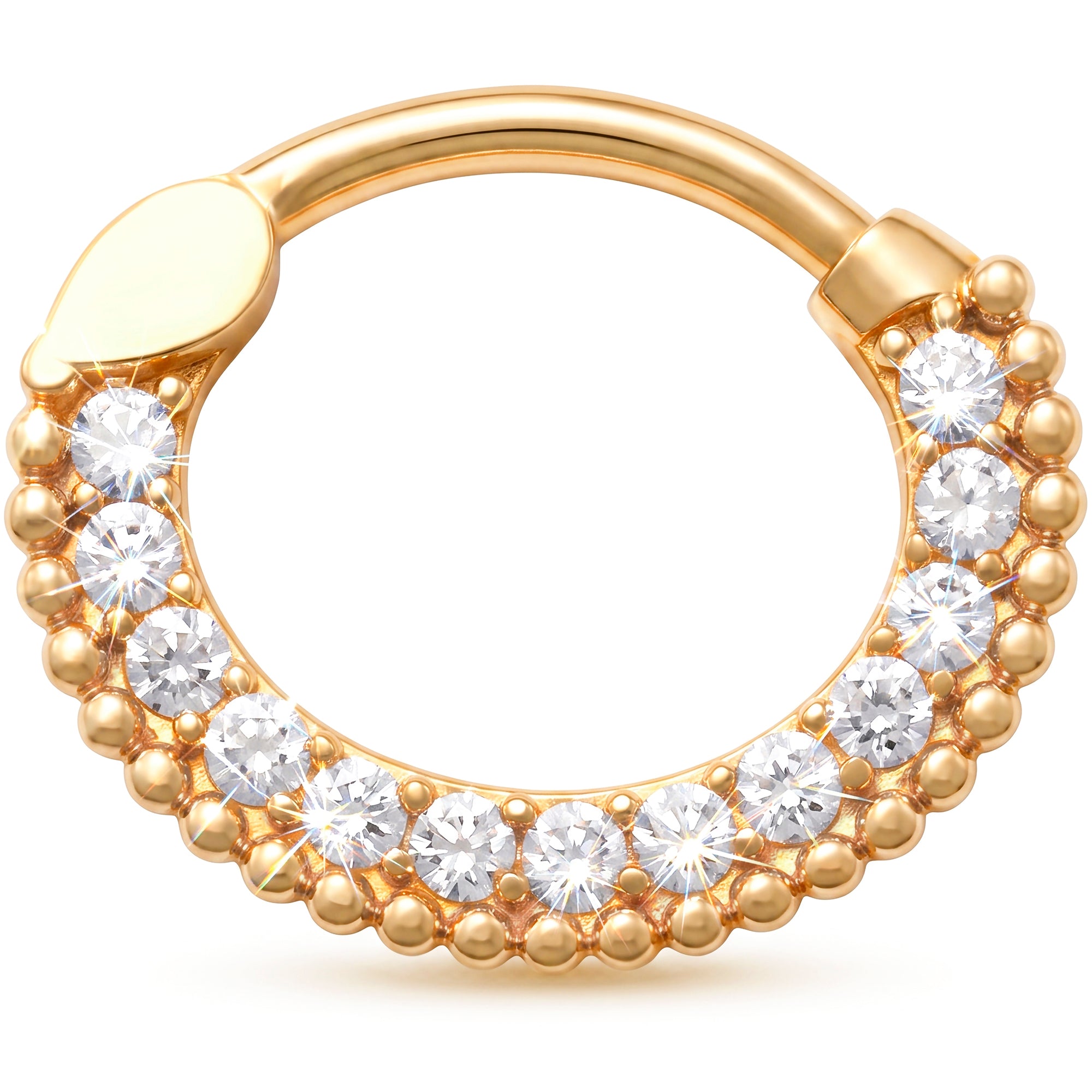 16G 3/8 Solid 14k Yellow Gold CZ Golden Beaded Halo Hinged Segment Clicker Ring