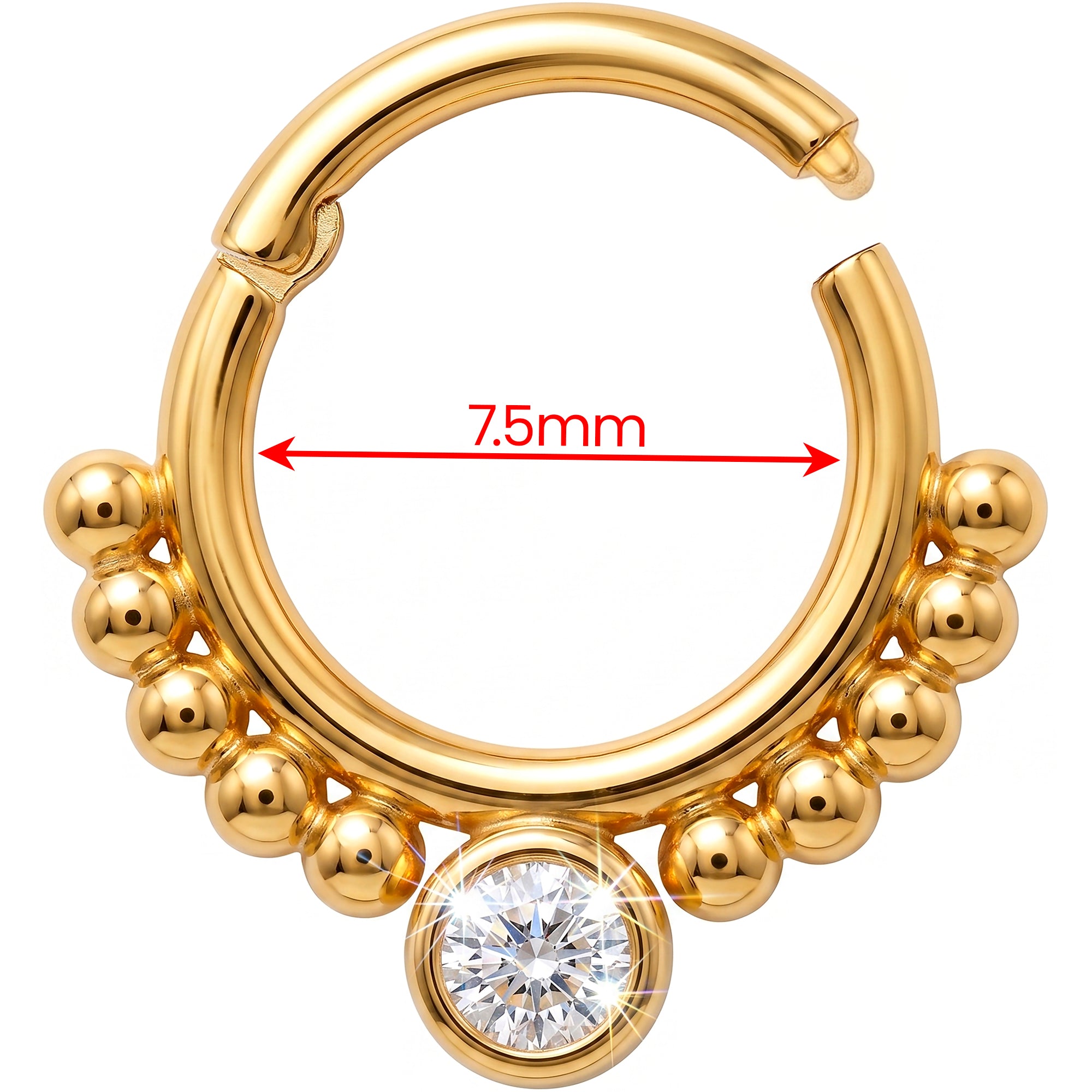 18G 5/16 Solid 14k Yellow Gold CZ Beaded Sun Drop Hinged Segment Clicker Ring