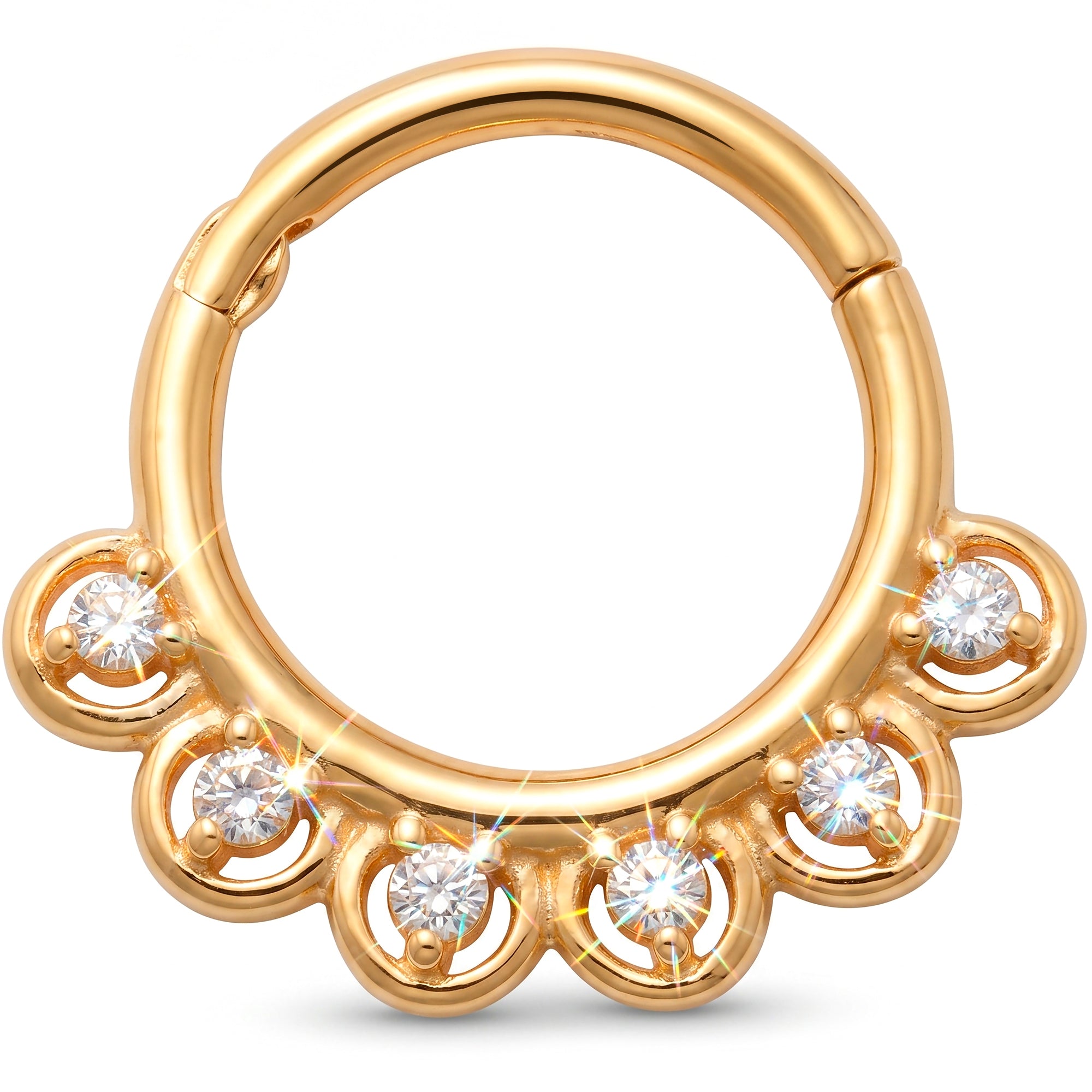 18G 5/16 Solid 14k Yellow Gold CZ Celestial Orbit Hinged Segment Clicker Ring