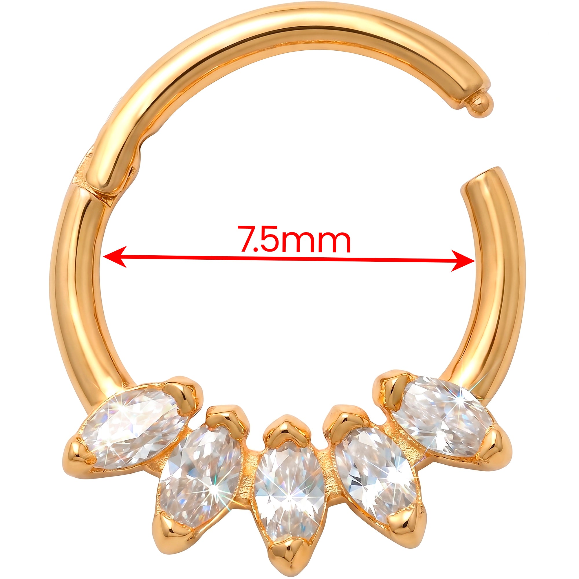 18G 5/16 Solid 14k Yellow Gold CZ Marquise Lotus Crown Hinged Segment Clicker Ring