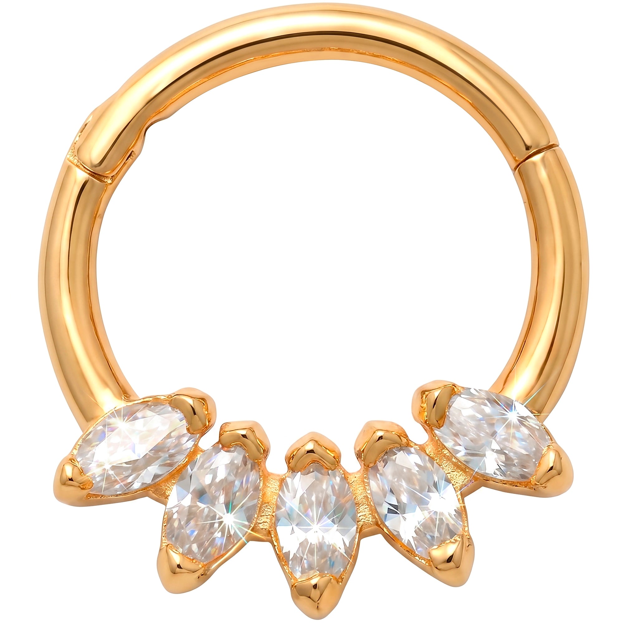 18G 5/16 Solid 14k Yellow Gold CZ Marquise Lotus Crown Hinged Segment Clicker Ring