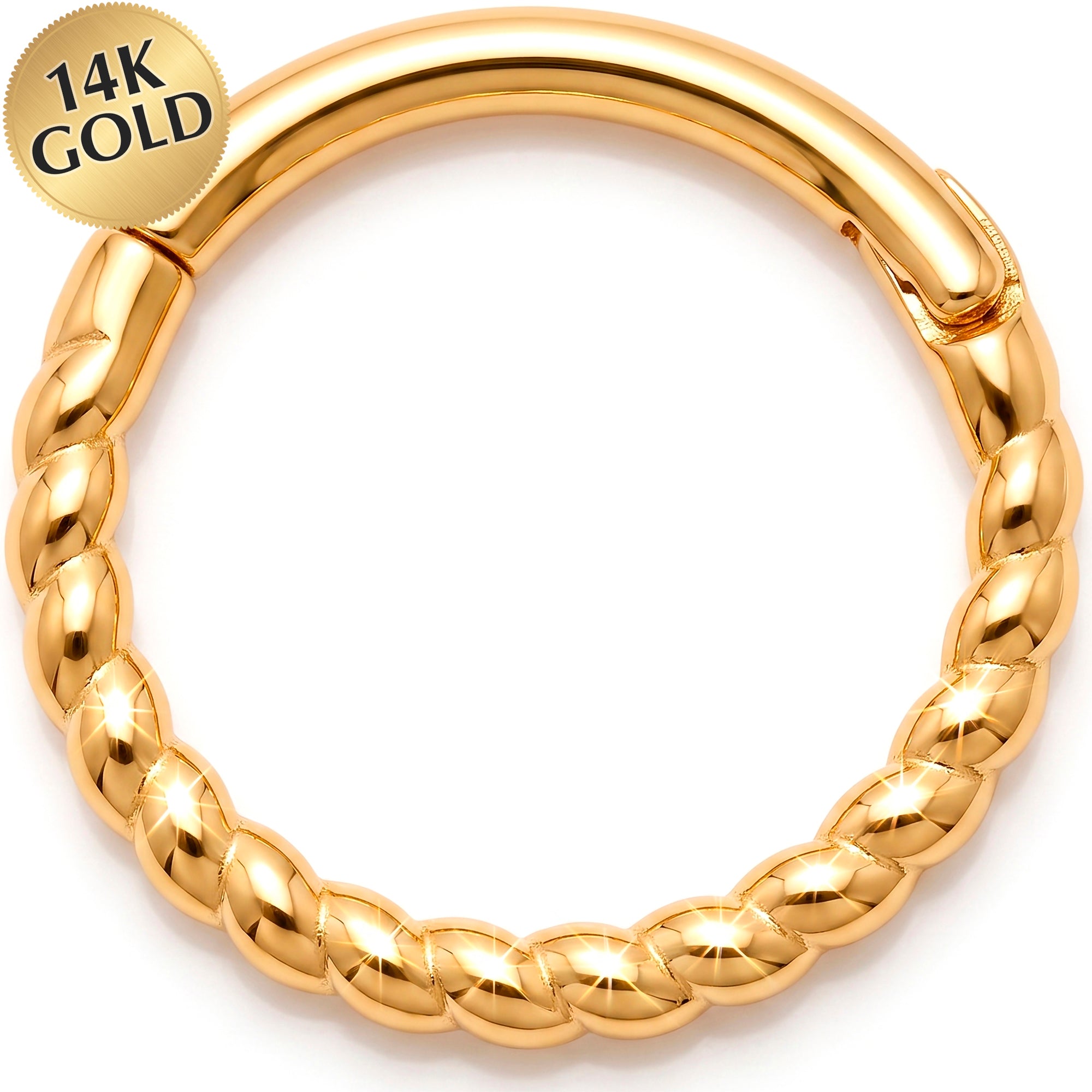 18G 5/16 Solid 14k Yellow Gold Twisted Rope Hinged Segment Clicker Ring