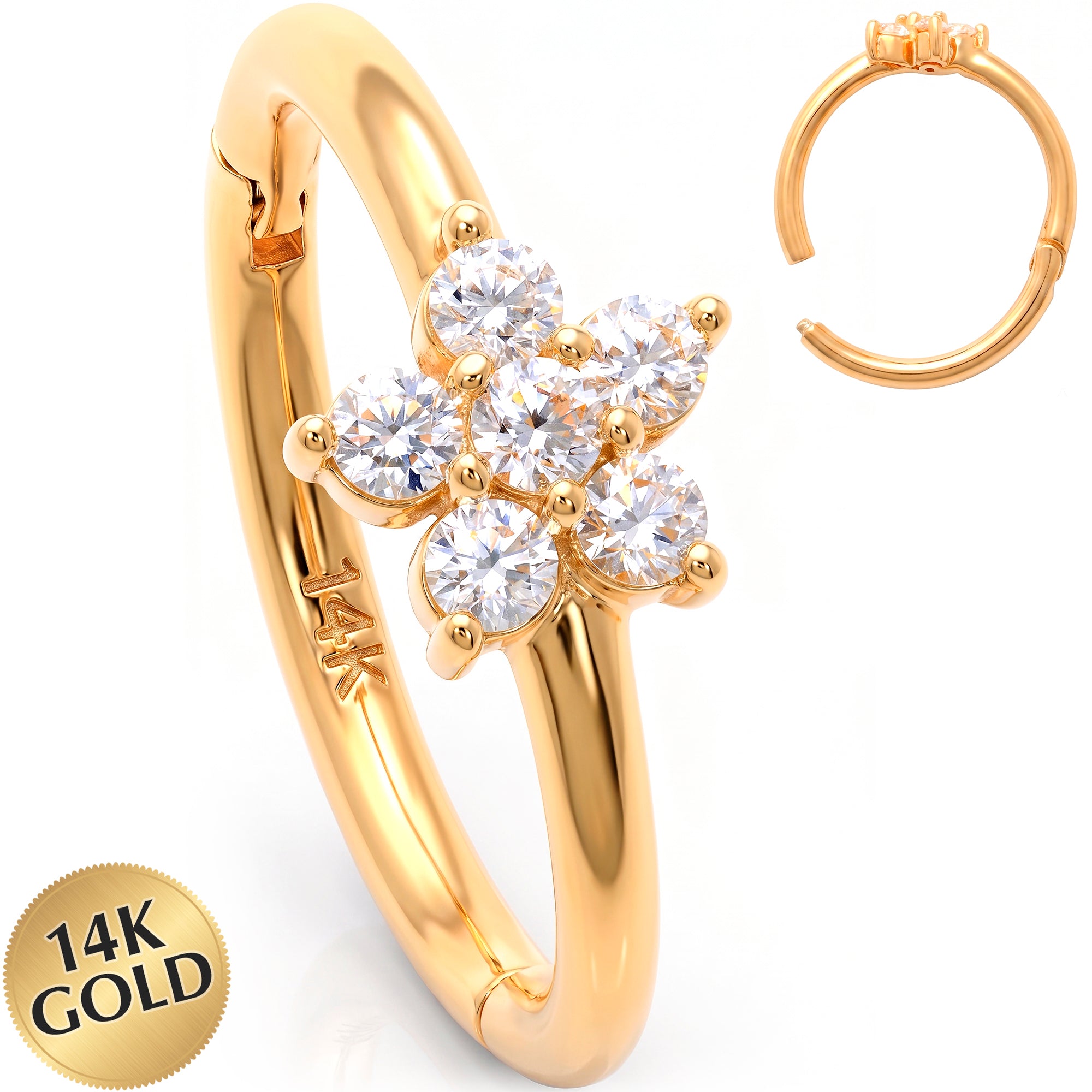 16G 3/8 Solid 14k Yellow Gold CZ Forward Facing Flower Hinged Segment Clicker Ring