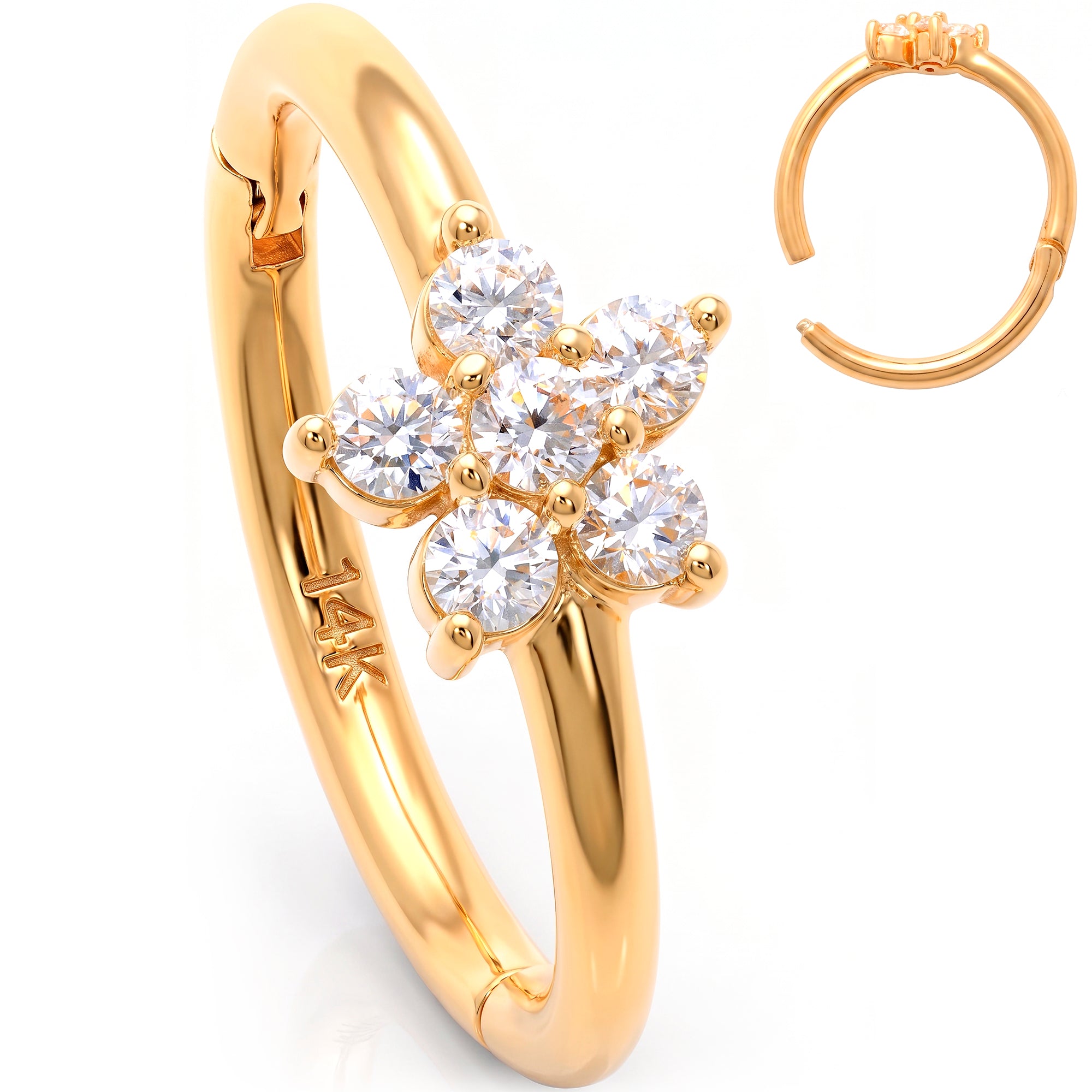 16G 3/8 Solid 14k Yellow Gold CZ Forward Facing Flower Hinged Segment Clicker Ring