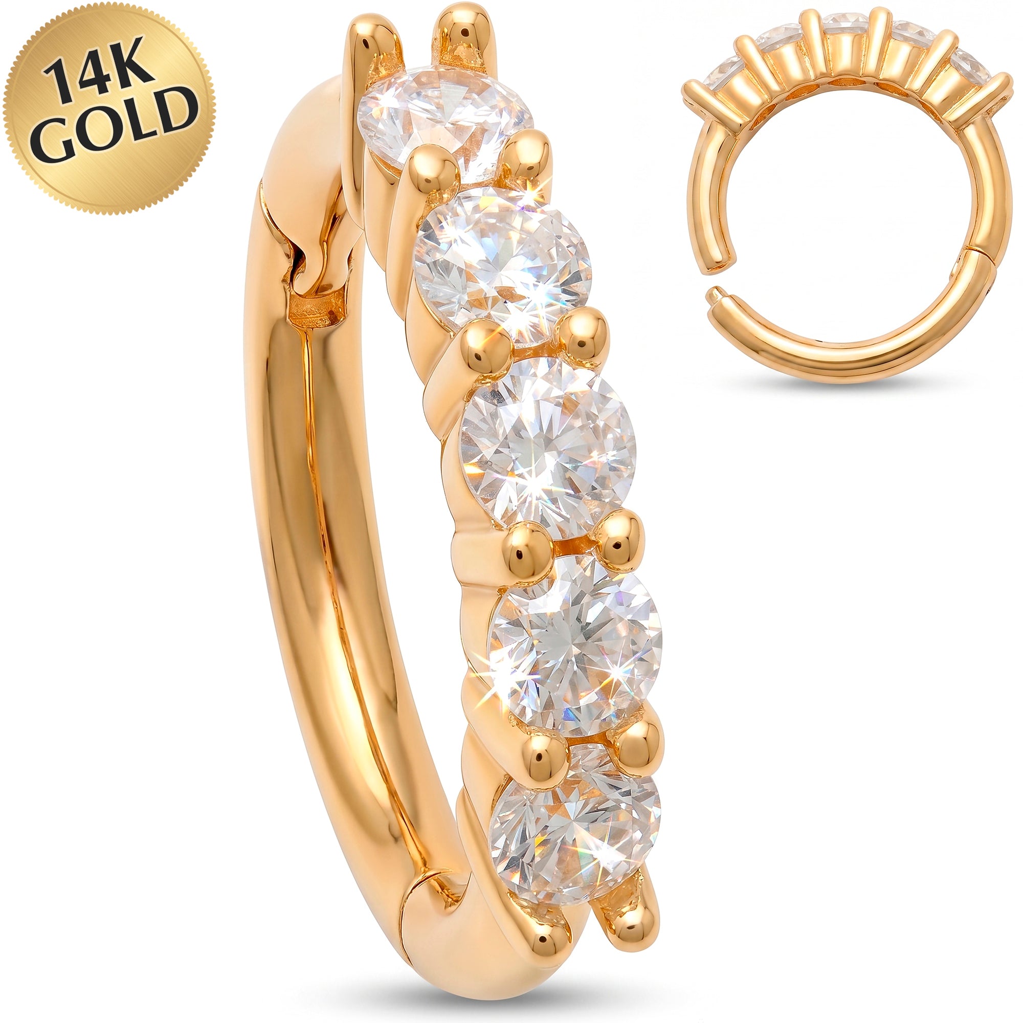 16G 5/16 Solid 14k Yellow Gold CZ Forward Facting Five Stone Radiance Hinged Segment Clicker Ring