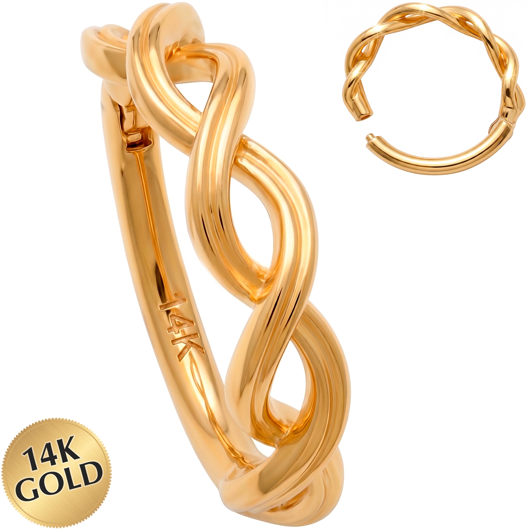 16G 3/8 Solid 14k Yellow Gold Forward Infinity Twist Hinged Segment Clicker Ring