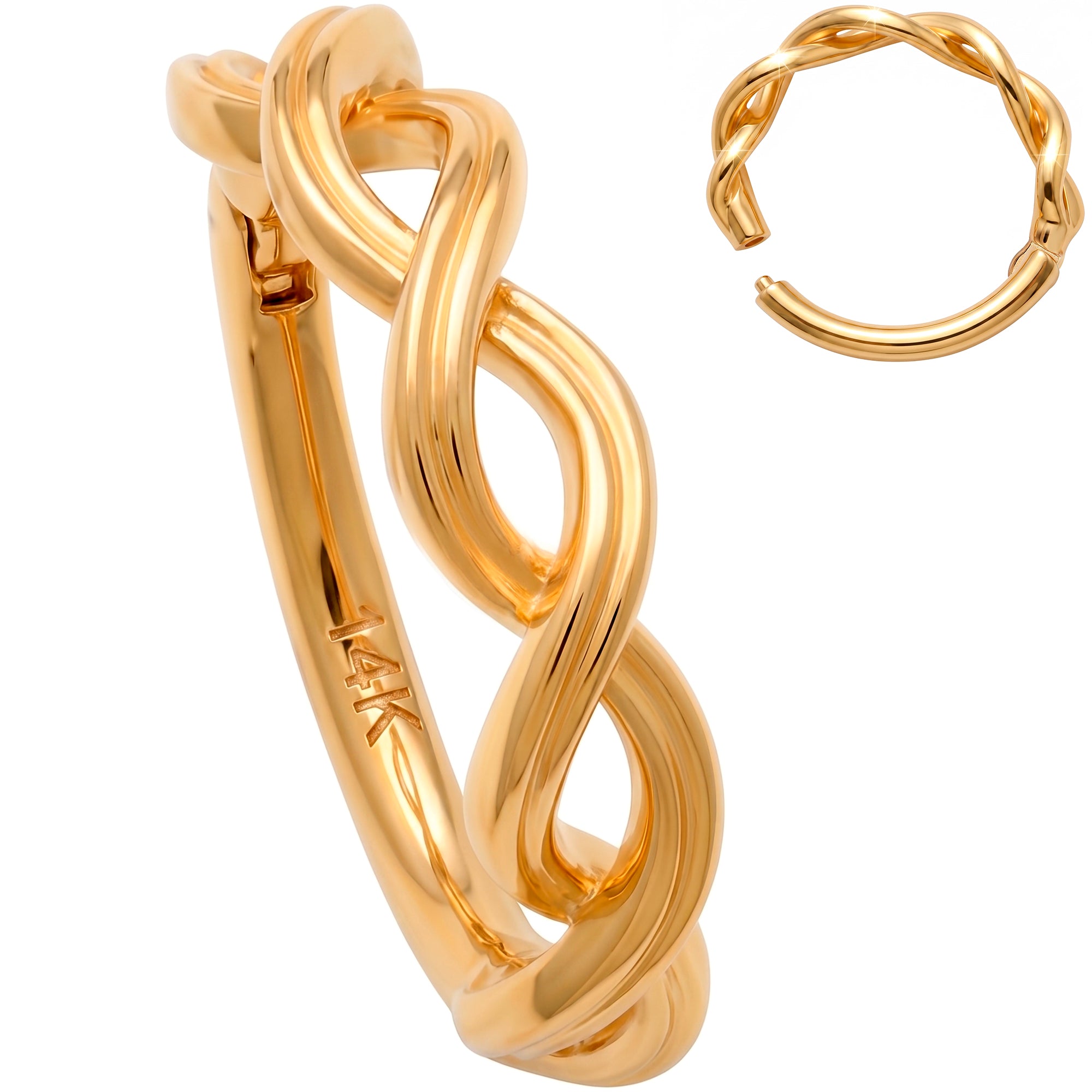 16G 3/8 Solid 14k Yellow Gold Forward Infinity Twist Hinged Segment Clicker Ring