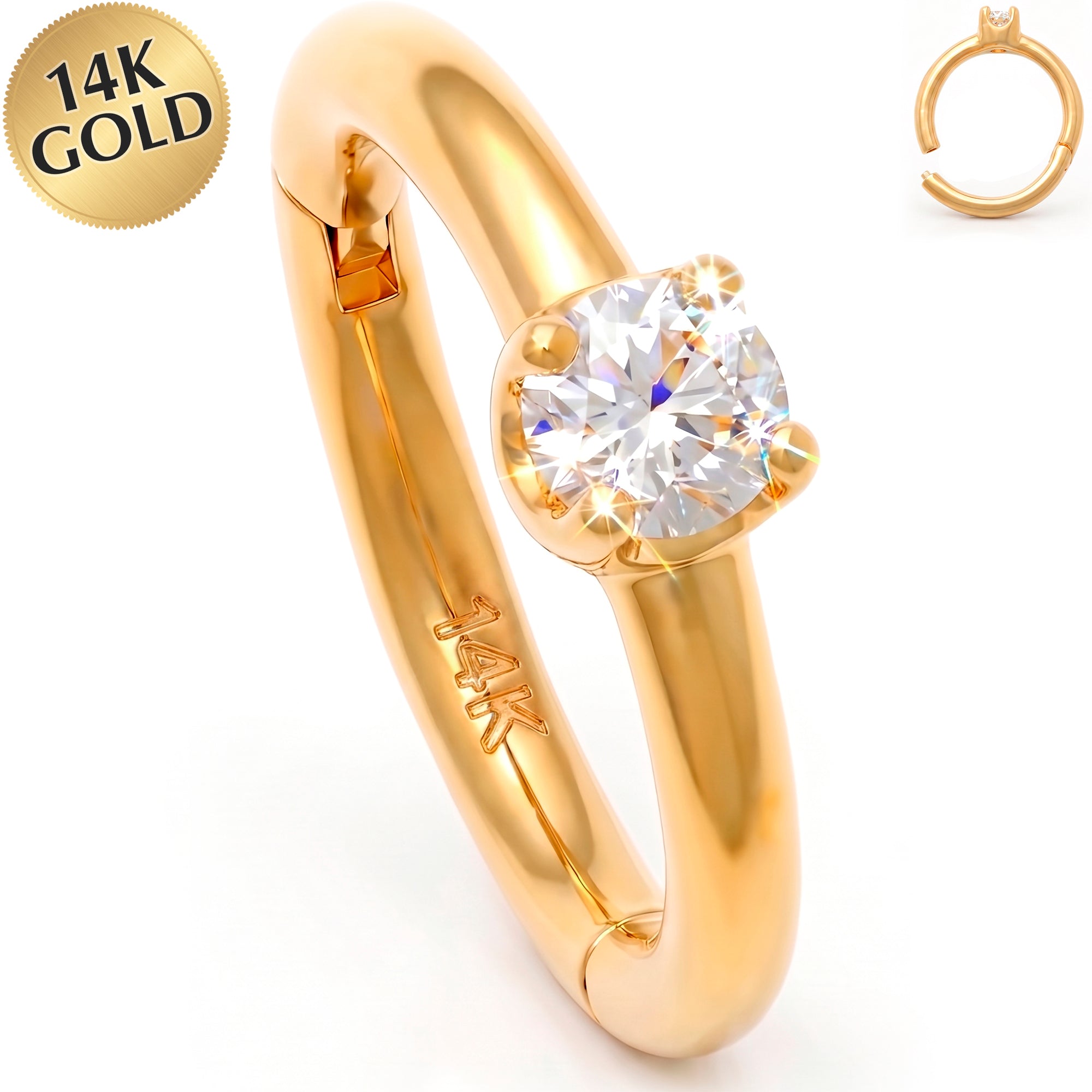 16G 5/16 Solid 14k Yellow Gold Forward Facing CZ Solitaire Hinged Segment Clicker Ring
