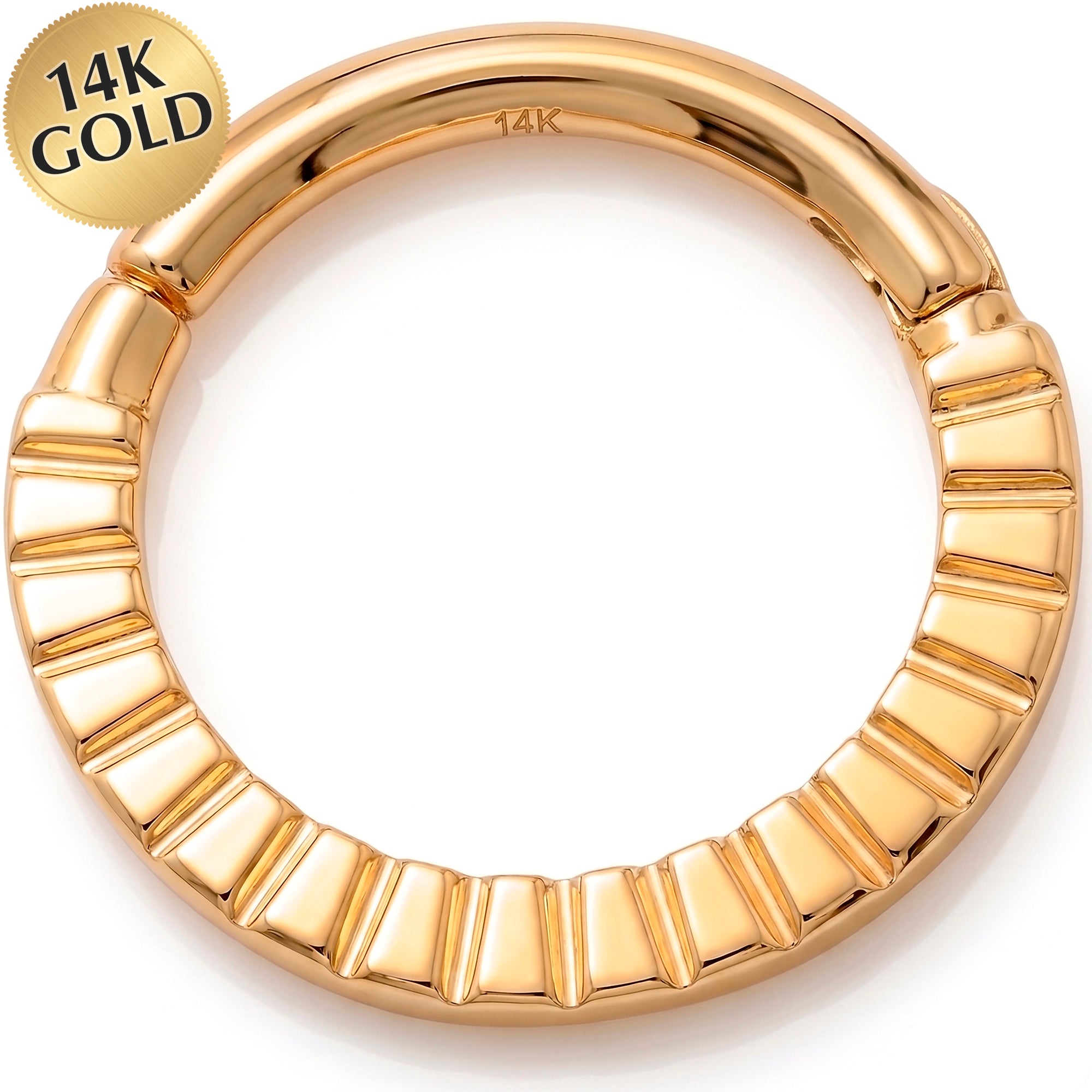 16G 5/16 Solid 14k Yellow Gold Radiant Ridge Hinged Segment Clicker Ring