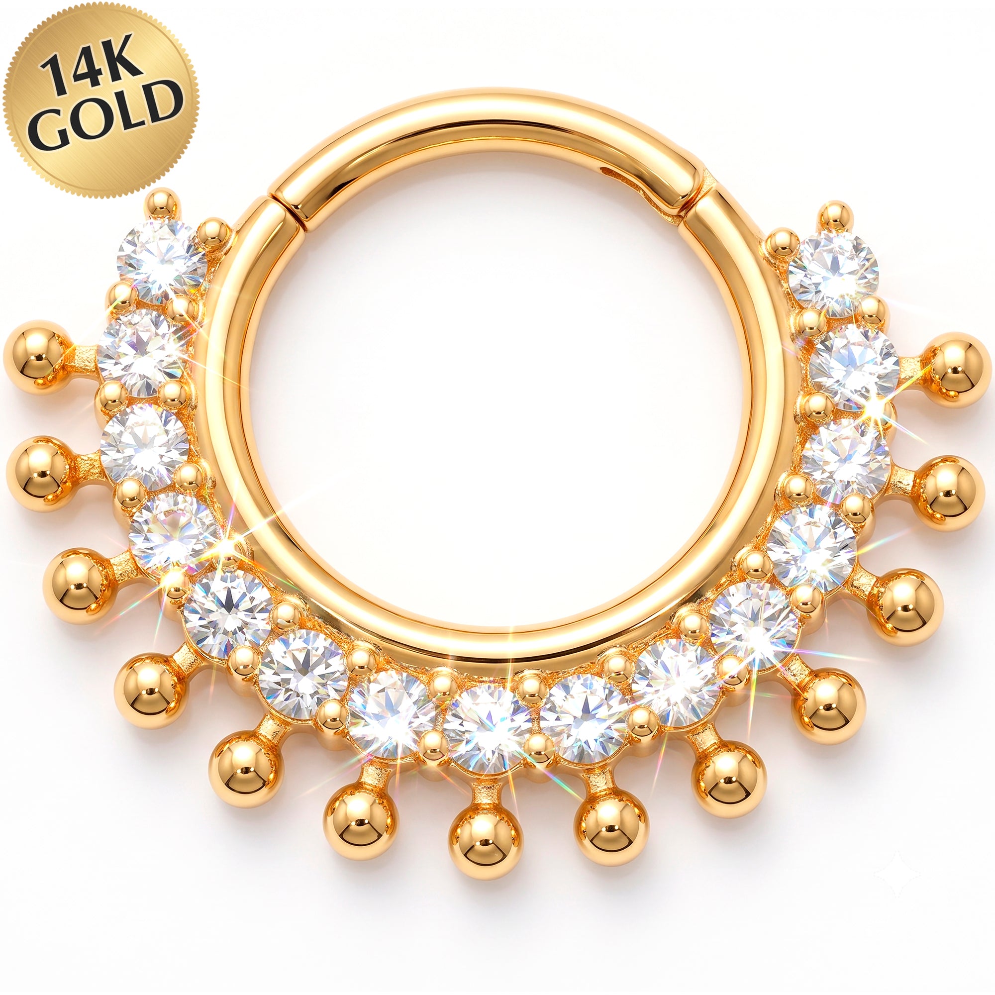 18G 5/16 Solid 14k Yellow Gold CZ Celestial Fringe Hinged Segment Clicker Ring