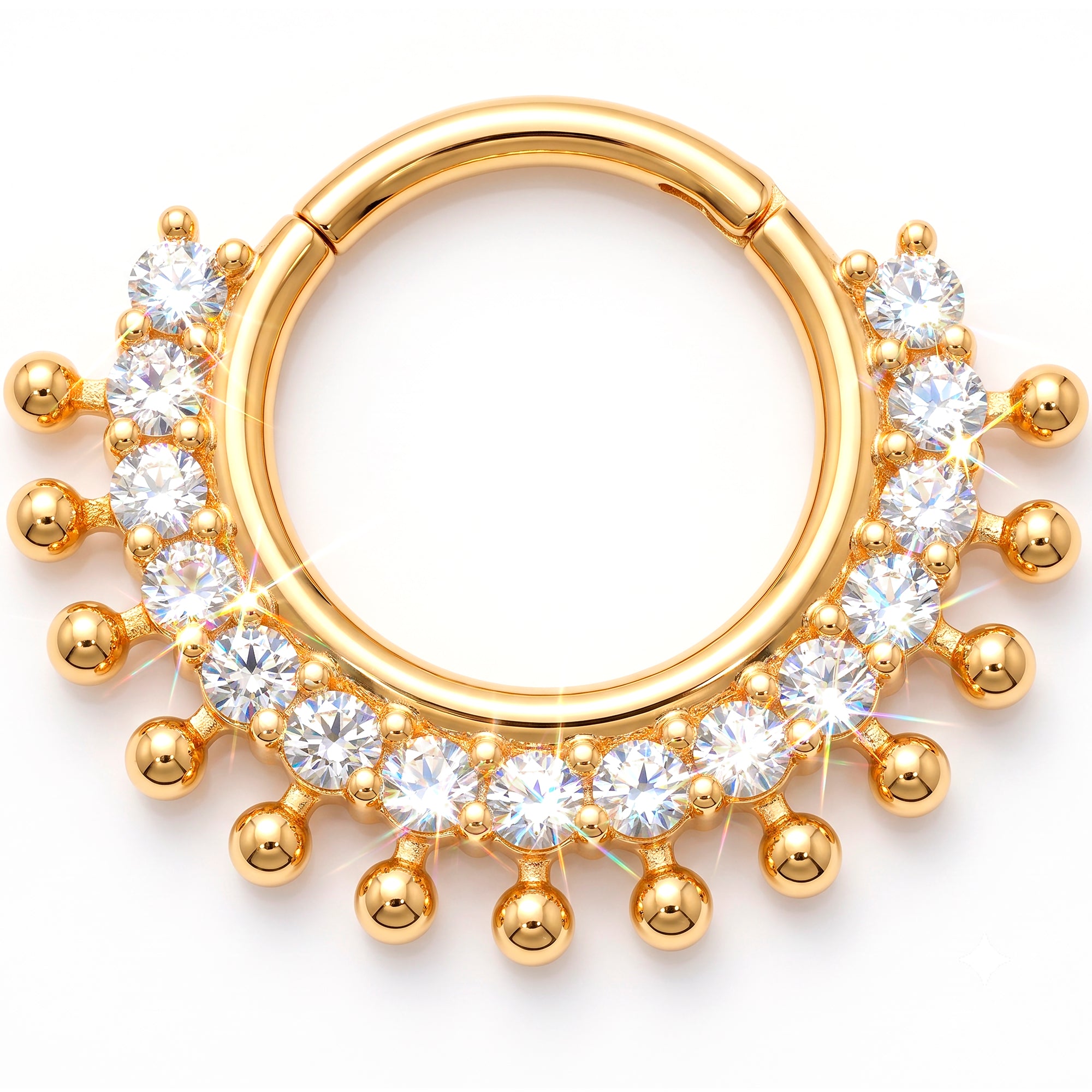 18G 5/16 Solid 14k Yellow Gold CZ Celestial Fringe Hinged Segment Clicker Ring
