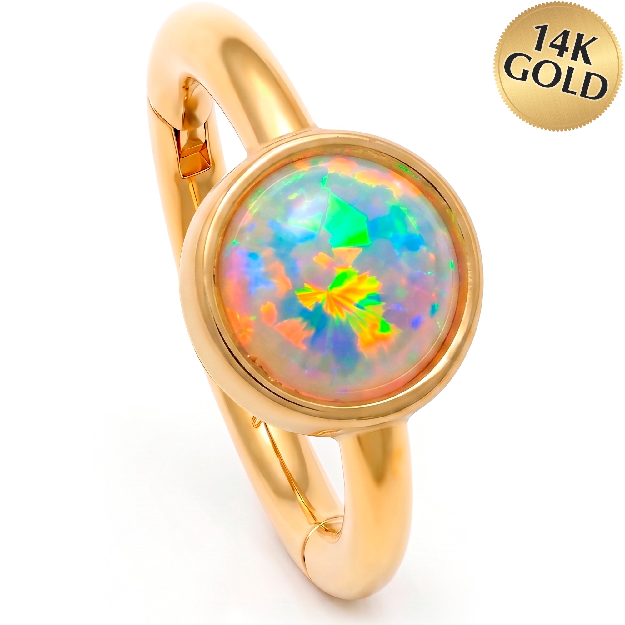 18G 5/16 Solid 14k Yellow Gold Forward Synthetic Opal Aurora Hinged Segment Clicker Ring