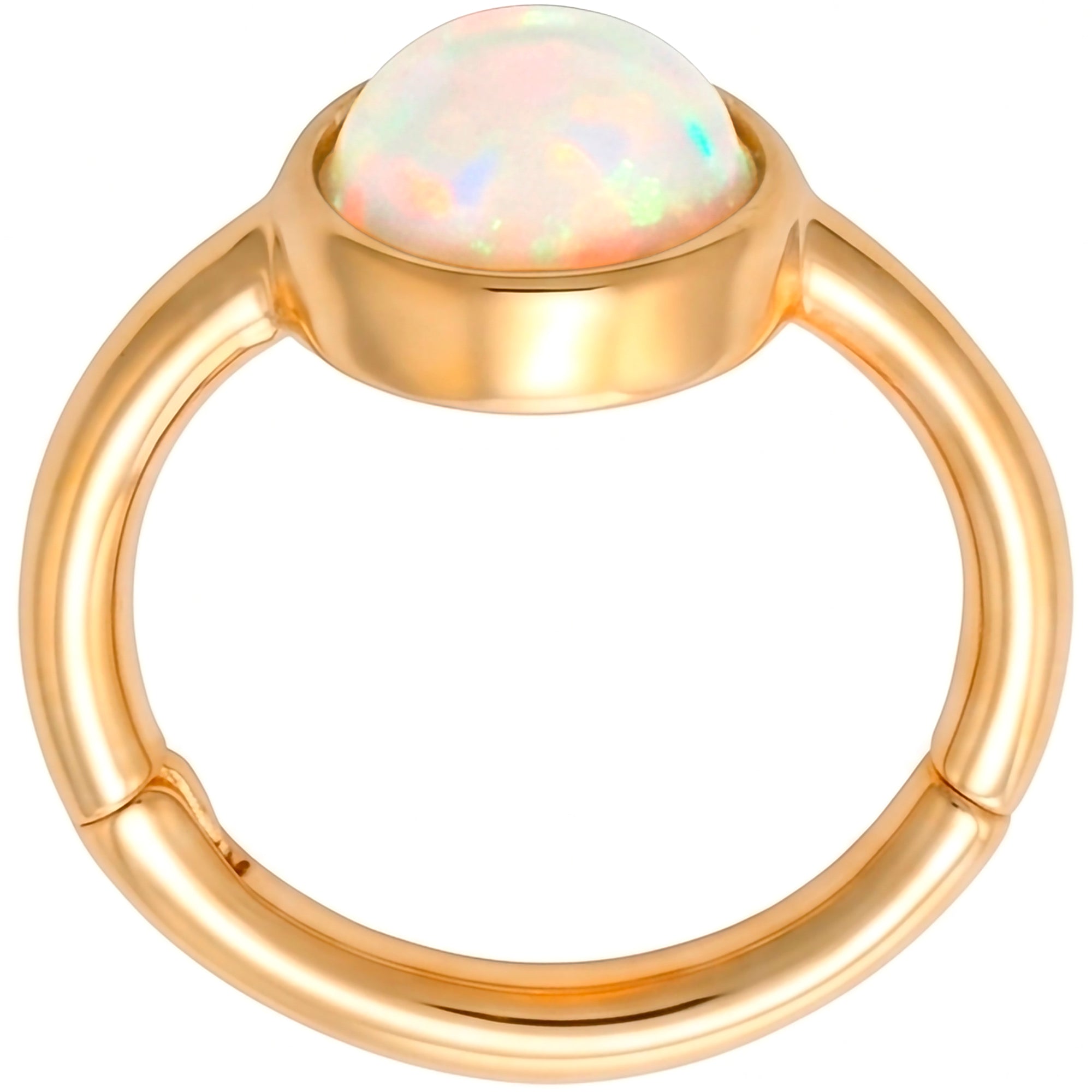 18G 5/16 Solid 14k Yellow Gold Forward Synthetic Opal Aurora Hinged Segment Clicker Ring