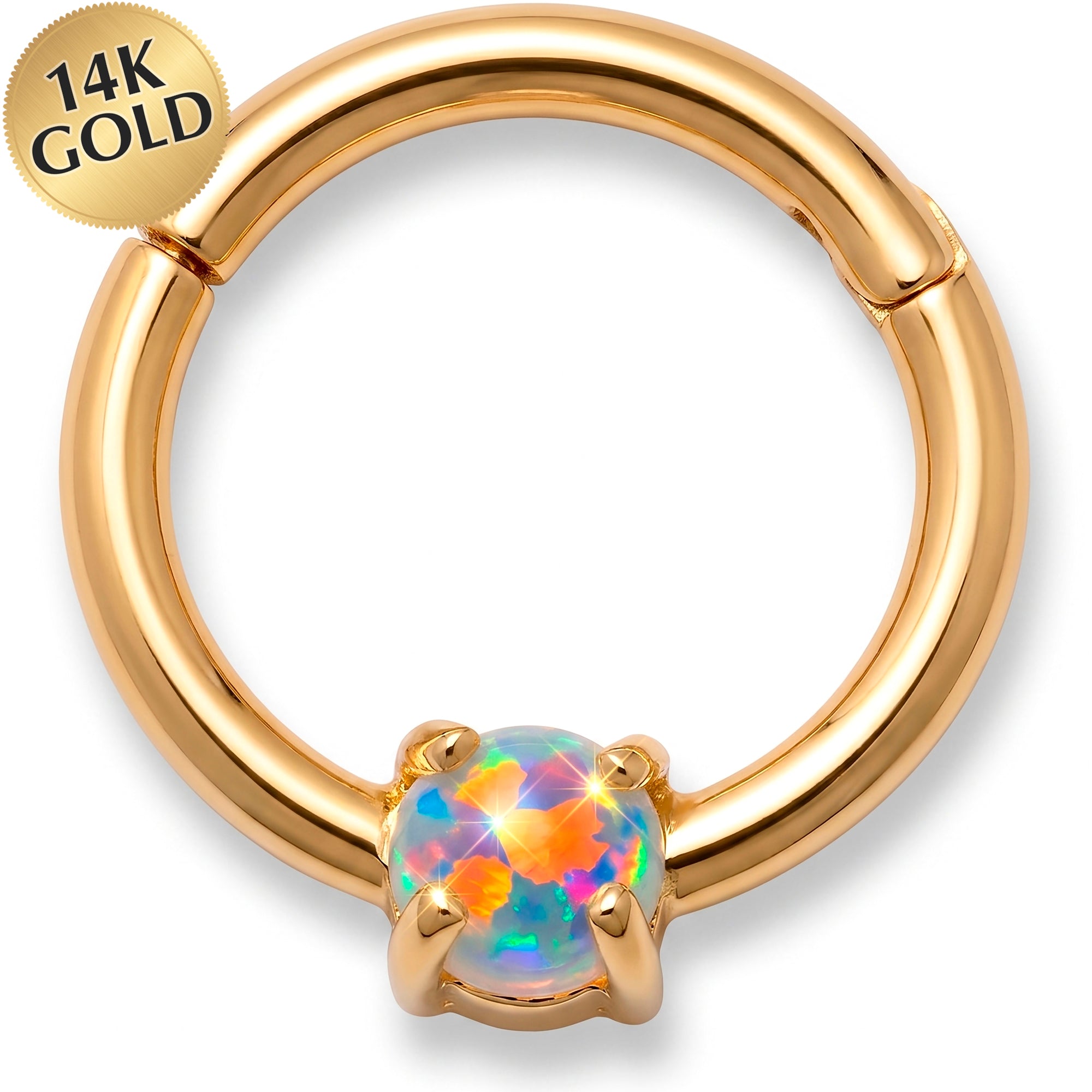 18G 5/16 Solid 14k Yellow Gold Synthetic Opal Firelight Solitaire Hinged Segment Clicker Ring
