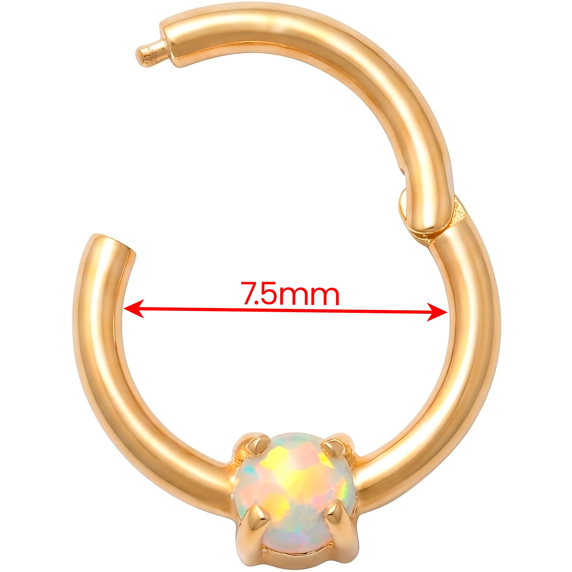 18G 5/16 Solid 14k Yellow Gold Synthetic Opal Firelight Solitaire Hinged Segment Clicker Ring