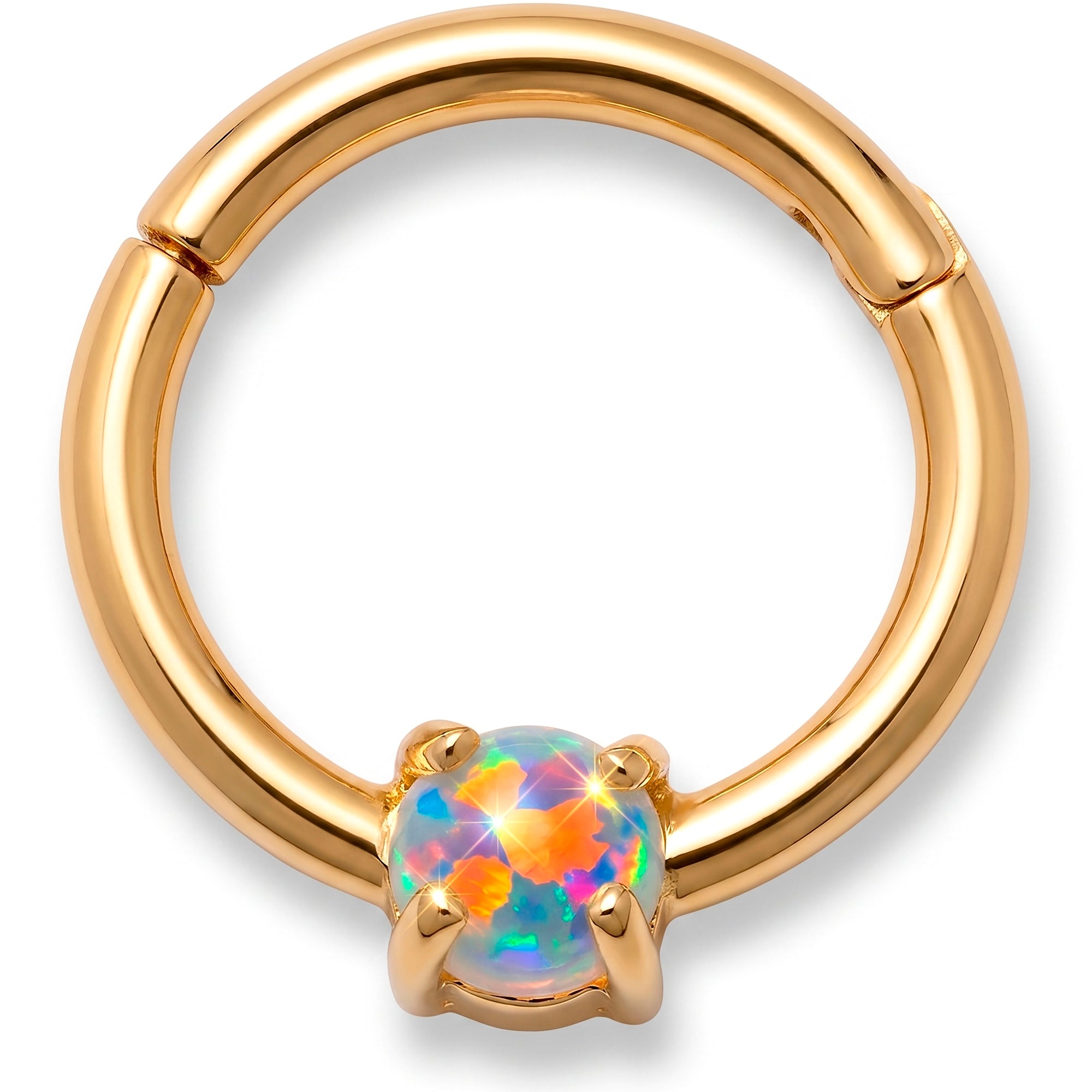 18G 5/16 Solid 14k Yellow Gold Synthetic Opal Firelight Solitaire Hinged Segment Clicker Ring
