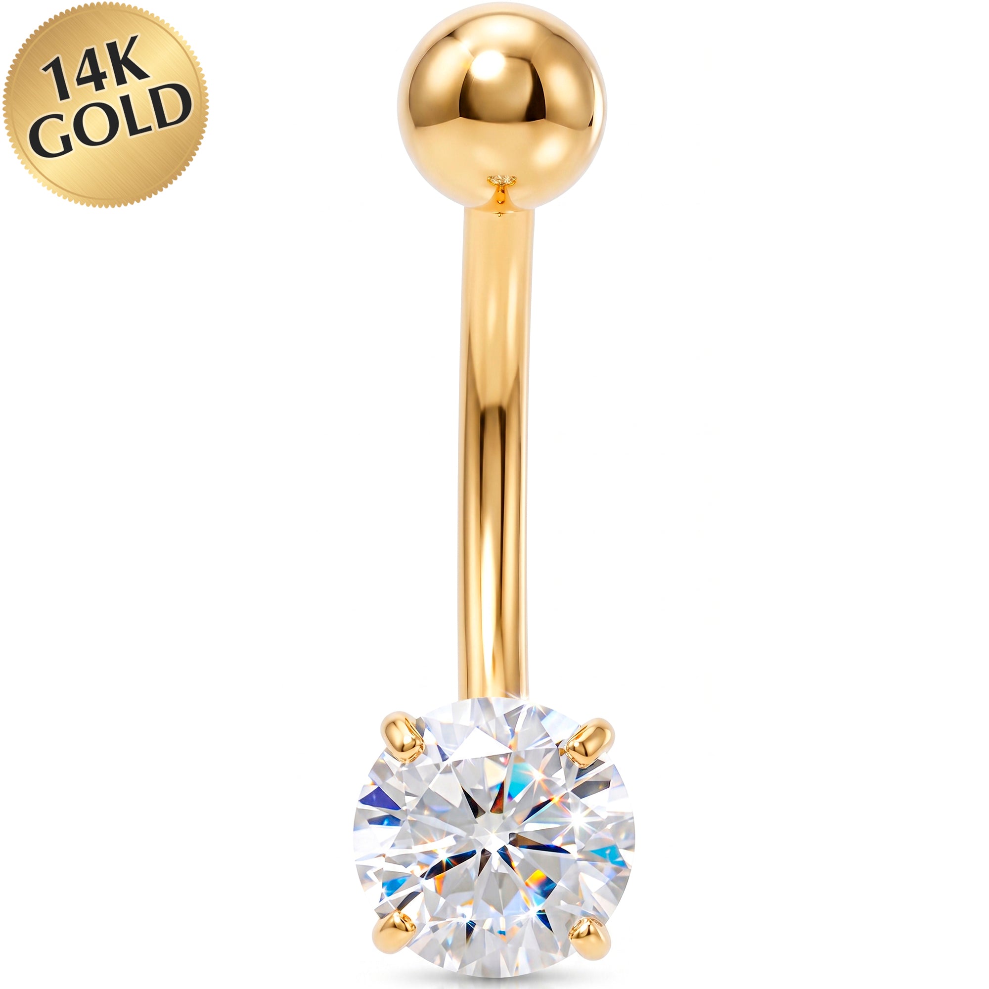 Solid 14k Yellow Gold Round Cubic Zirconia Belly Ring