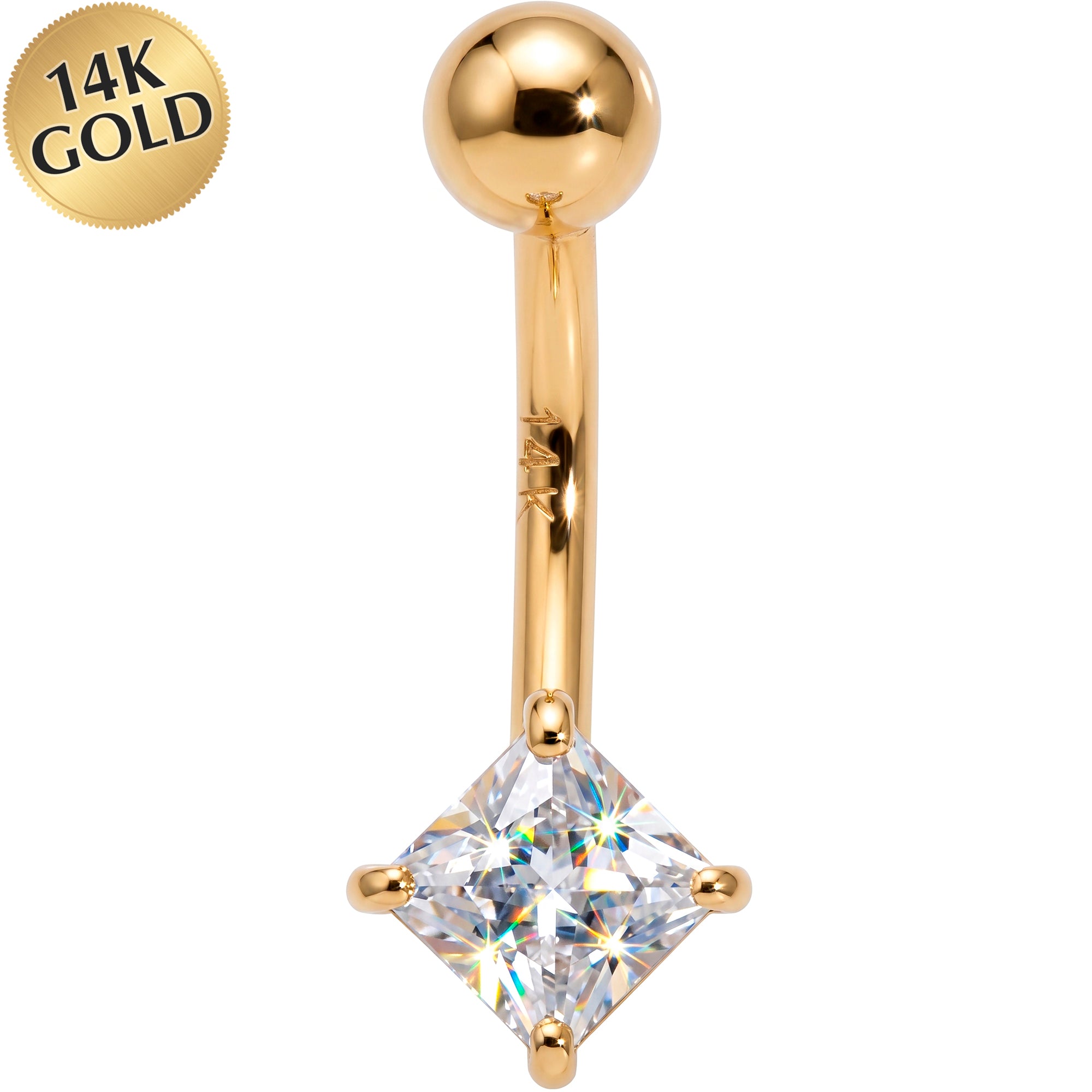 14k Gold Belly Piercing Jewelry - Square Cubic Zirconia Belly Ring