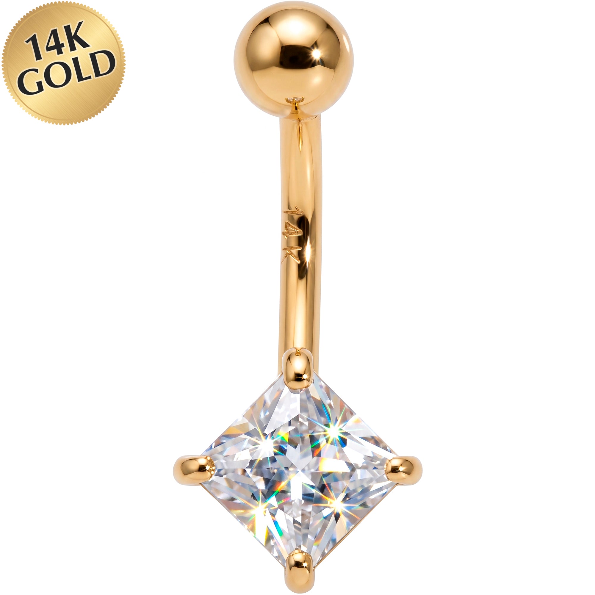 Solid 14k Yellow Gold Square Cubic Zirconia Belly Ring
