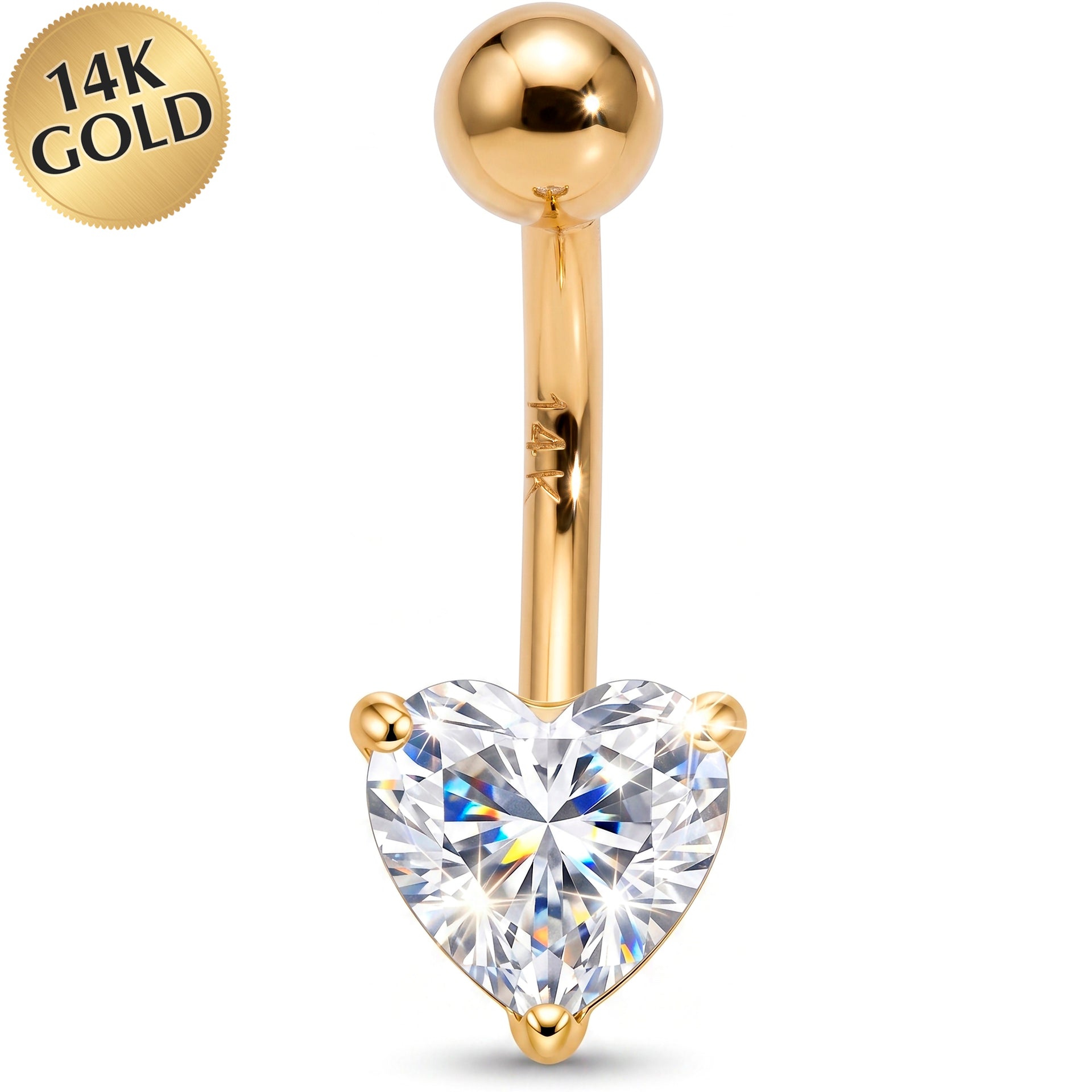 14k Gold Belly Piercing Jewelry - Heart Cubic Zirconia Belly Ring