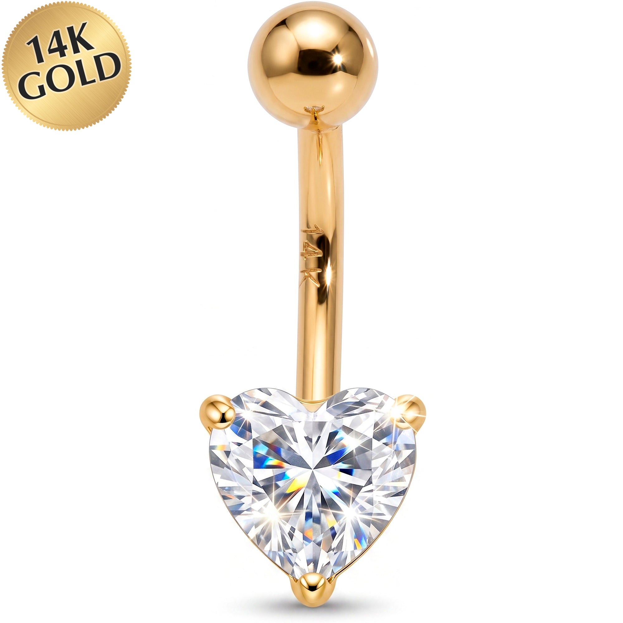 14k Gold Belly Piercing Jewelry - Heart Cubic Zirconia Belly Ring
