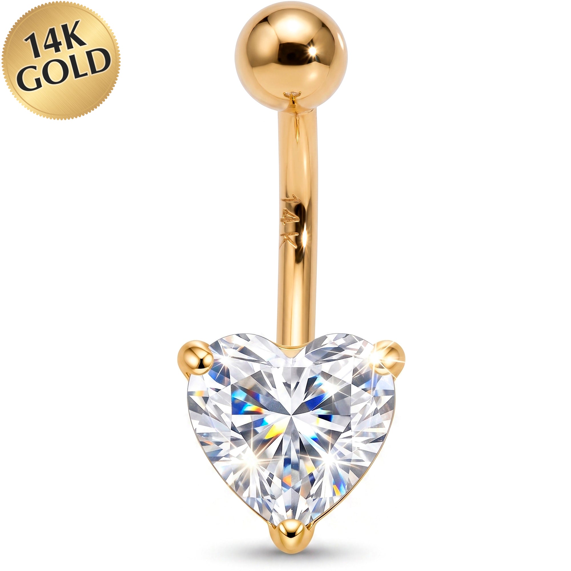 Solid 14k Yellow Gold Heart Cubic Zirconia Belly Ring