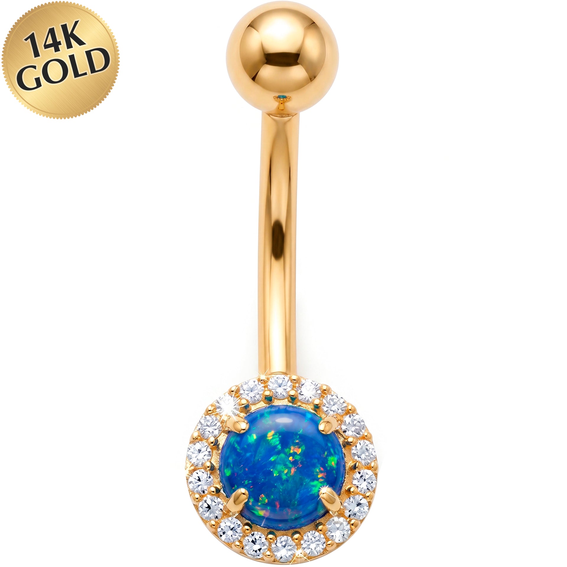 14k Gold Belly Piercing Jewelry - Synthetic Opal CZ Ocean Halo Belly Ring