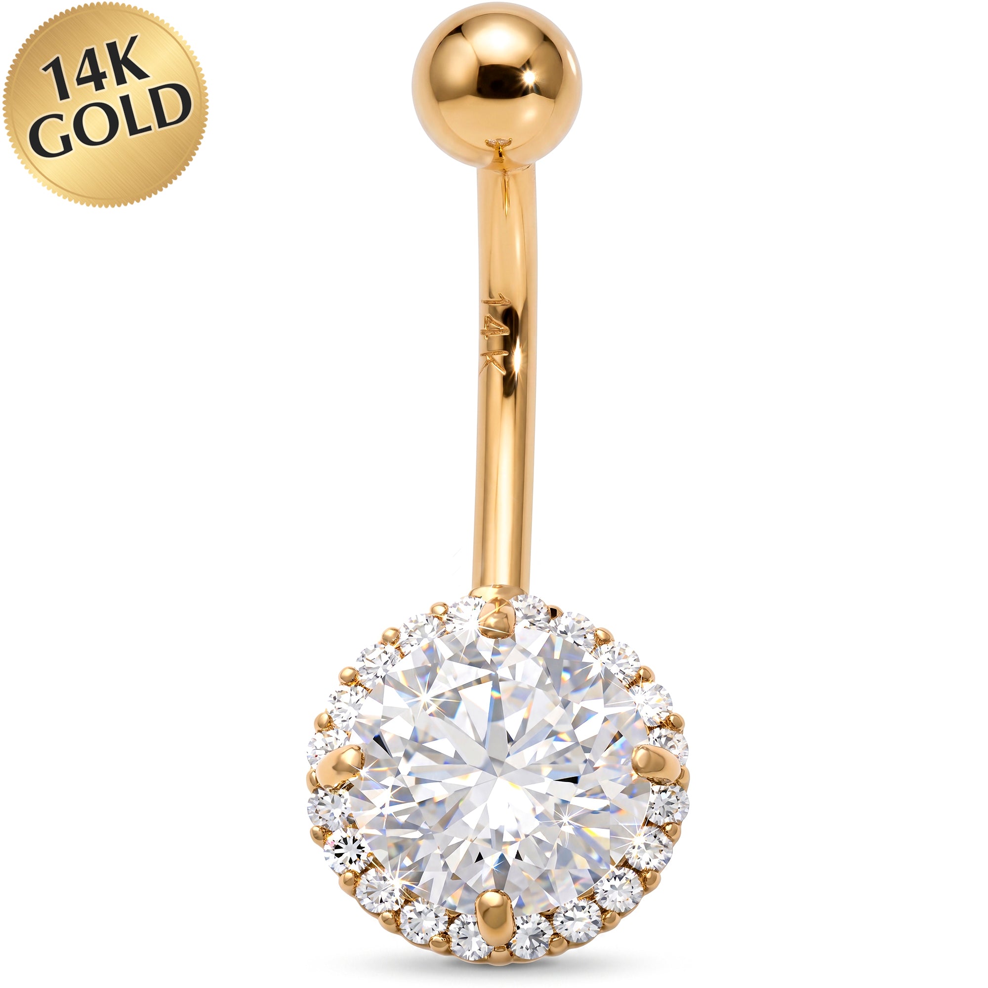 14k Gold Belly Piercing Jewelry - Cubic Zirconia Halo Belly Ring