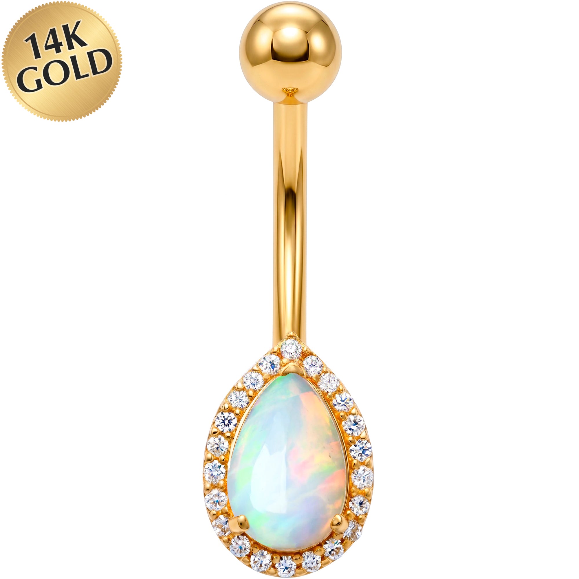 14k Gold Belly Piercing Jewelry - CZ Synthetic Moonlit Opal Belly Ring