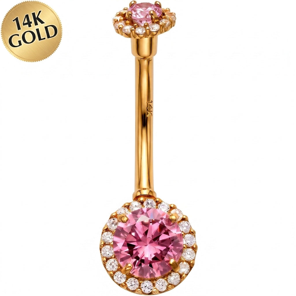 Solid 14k Yellow Gold CZ Majestic Halo Belly Ring