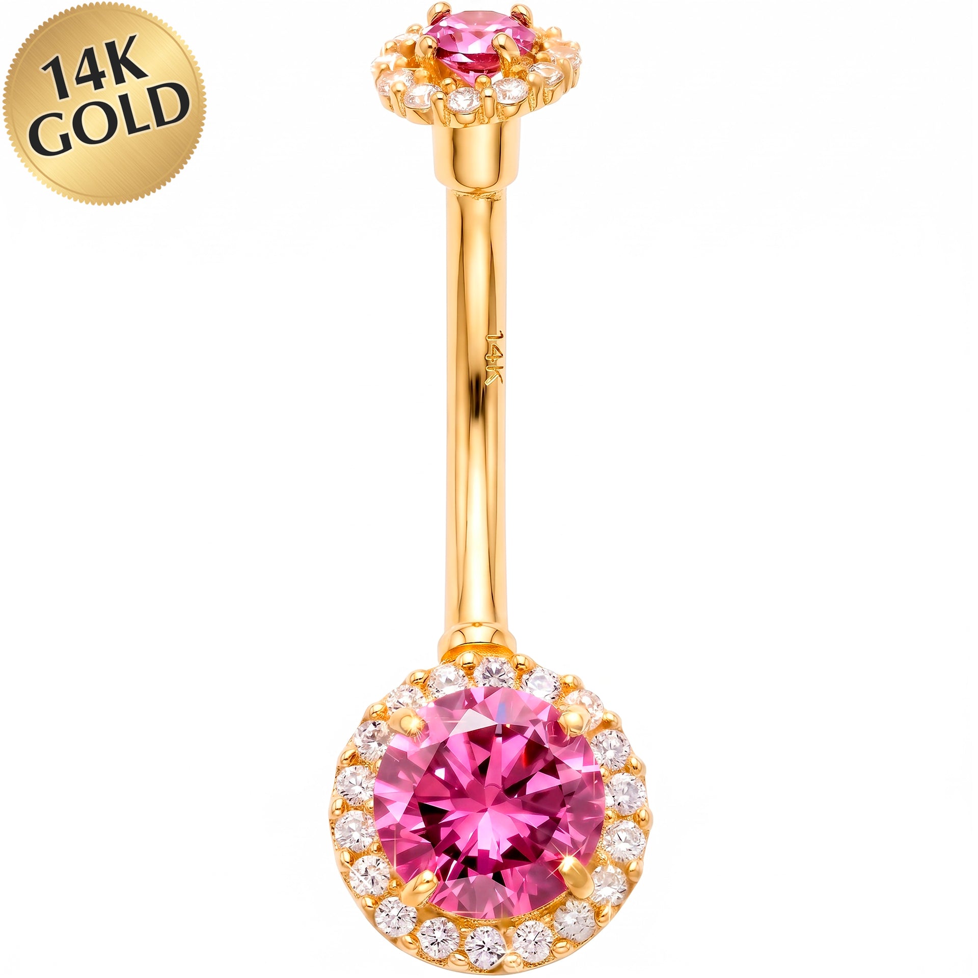 14k Gold Belly Piercing Jewelry - CZ Majestic Halo Belly Ring