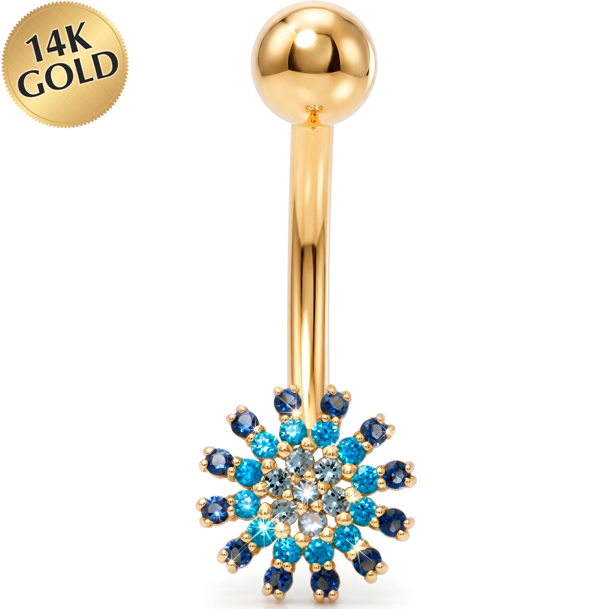 14k Gold Belly Piercing Jewelry - CZ Sapphire Starburst Belly Ring