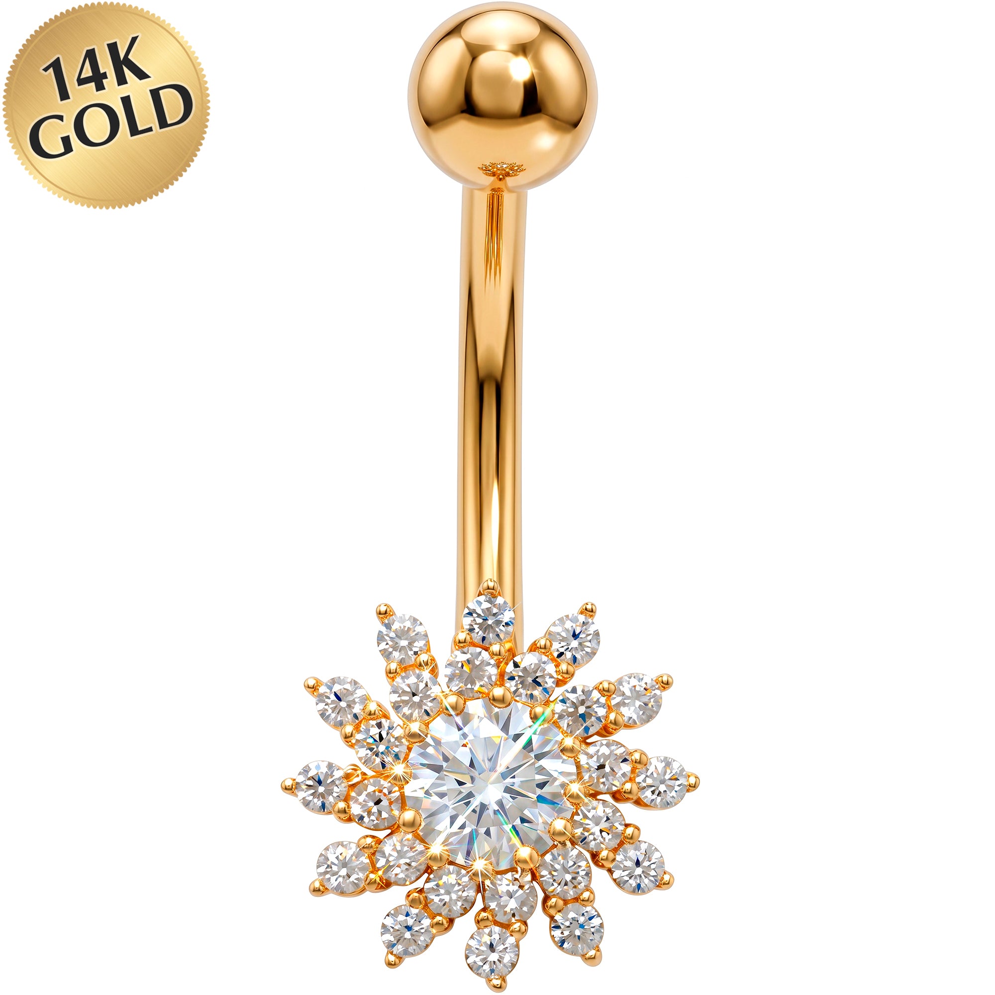 14k Gold Belly Piercing Jewelry - CZ Radiant Starburst Belly Ring