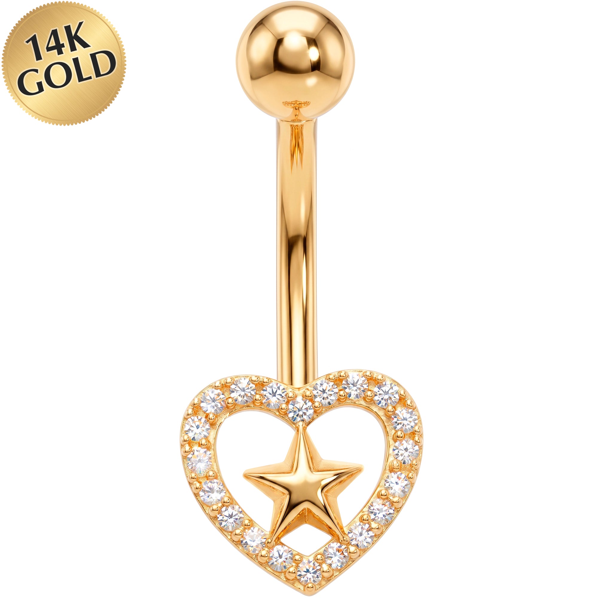 14k Gold Belly Piercing Jewelry - CZ Heart of Stars Belly Ring