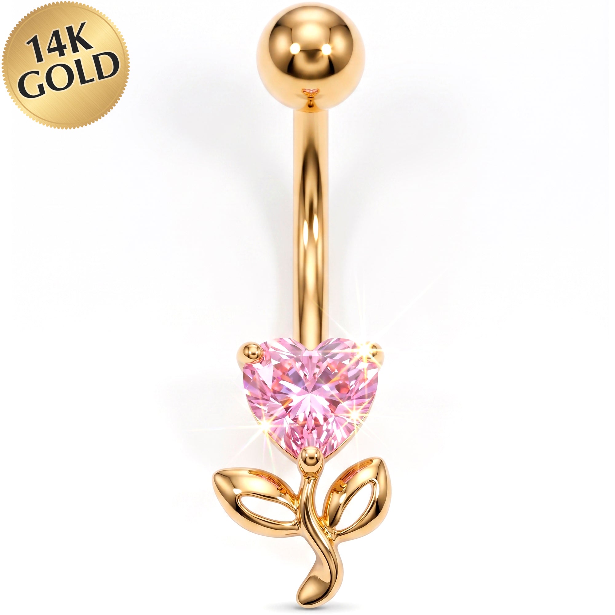 14k Gold Belly Piercing Jewelry - Pink CZ Heart Blossom Belly Ring